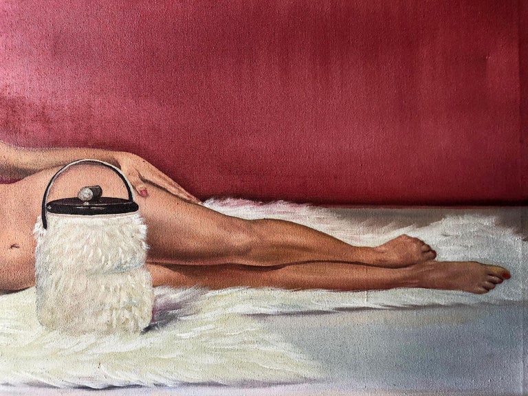 Mid-Century Modern Rare 1960s Vintage Oil on Canvas Reclining Nude Lounge Painting For Sale