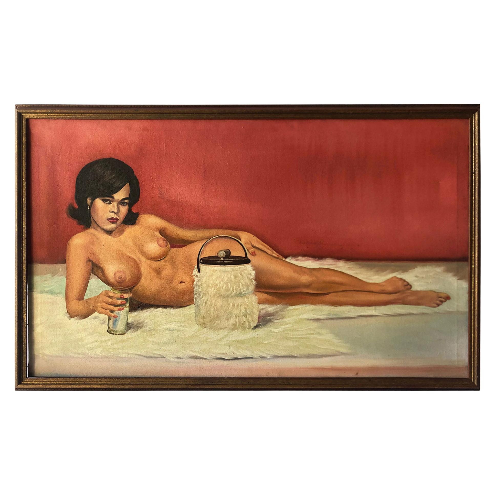 Rare 1960s Vintage Oil on Canvas Reclining Nude Lounge Painting