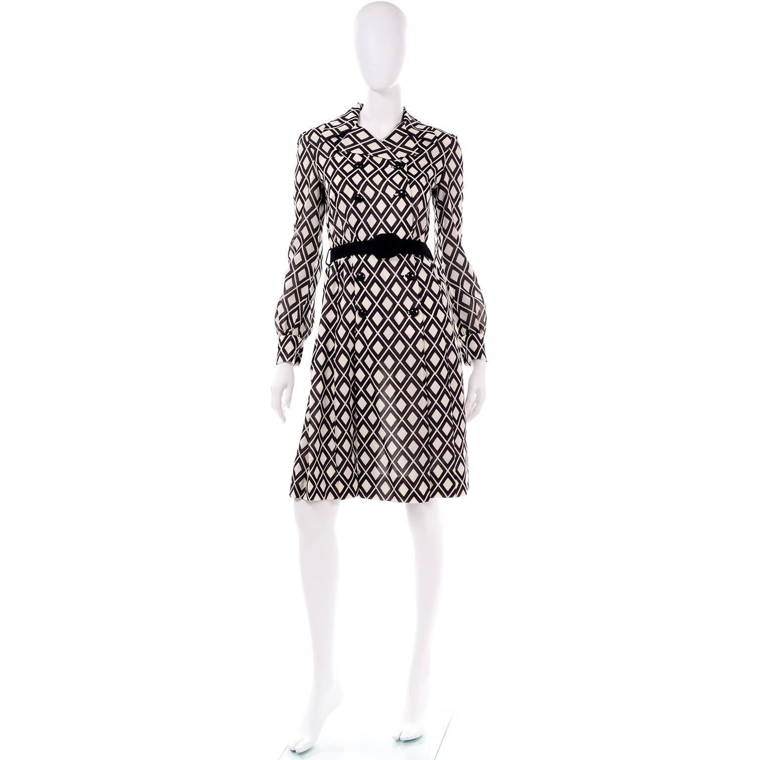 This is a really fabulous vintage late  1960's or early 1970's rare Valentino dress and it's one of our favorites! This great Boutique Valentino vintage dress is in a dark brown and ivory diamond print with the original matching dark chocolate suede