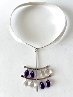 Rare 1960s Vivianna Torun Georg Jensen Silver Amethyst Crystal Pendant Necklace