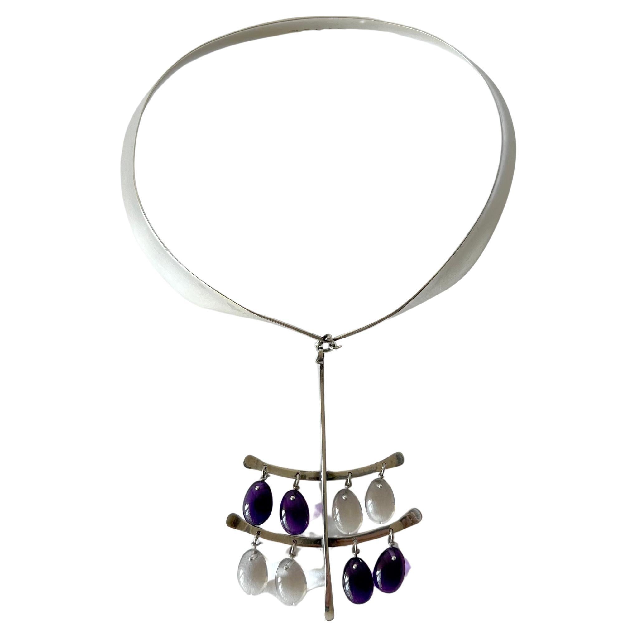 Rare 1960s Vivianna Torun Georg Jensen Silver Amethyst Crystal Pendant Necklace For Sale 1