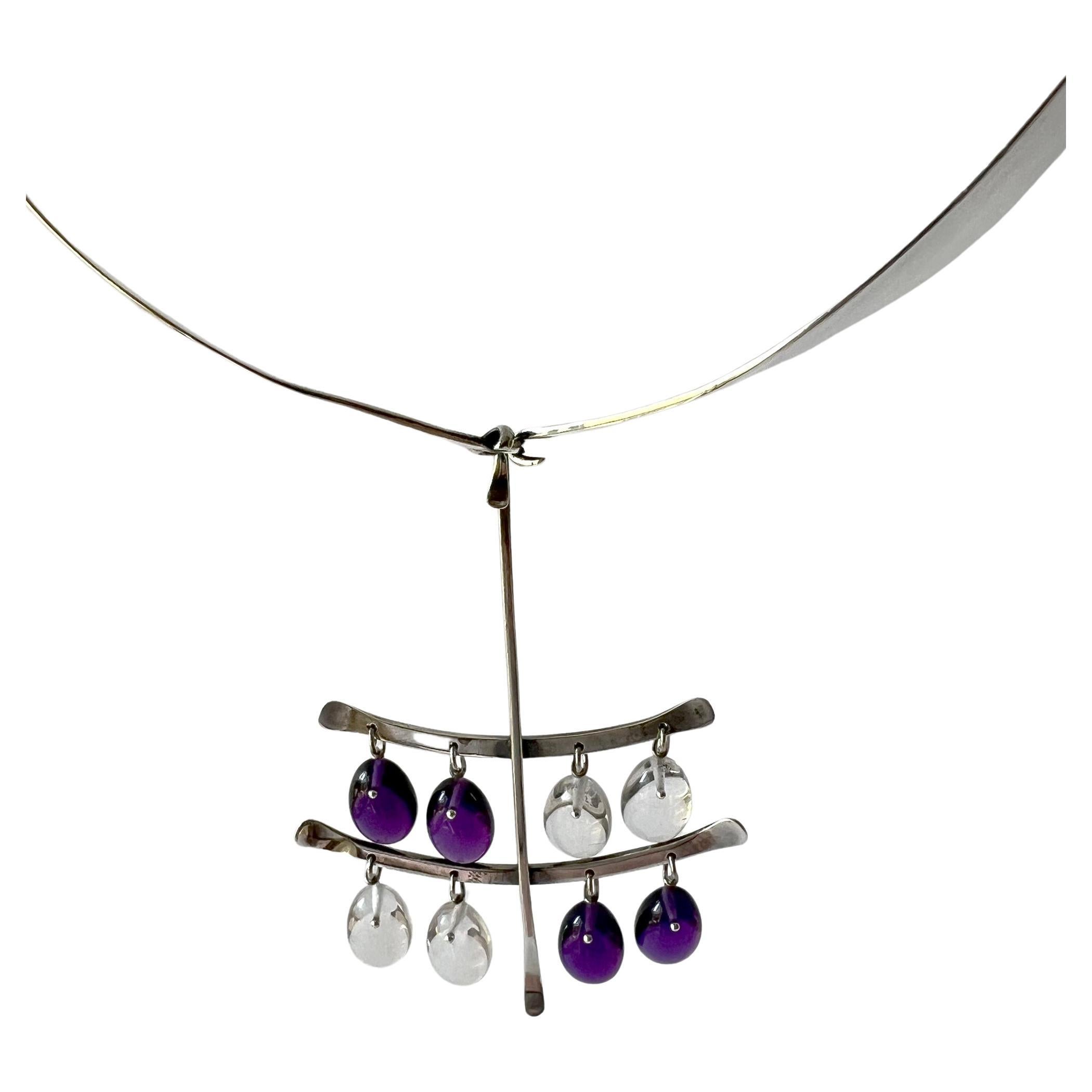 Rare 1960s Vivianna Torun Georg Jensen Silver Amethyst Crystal Pendant Necklace In Good Condition For Sale In Palm Springs, CA