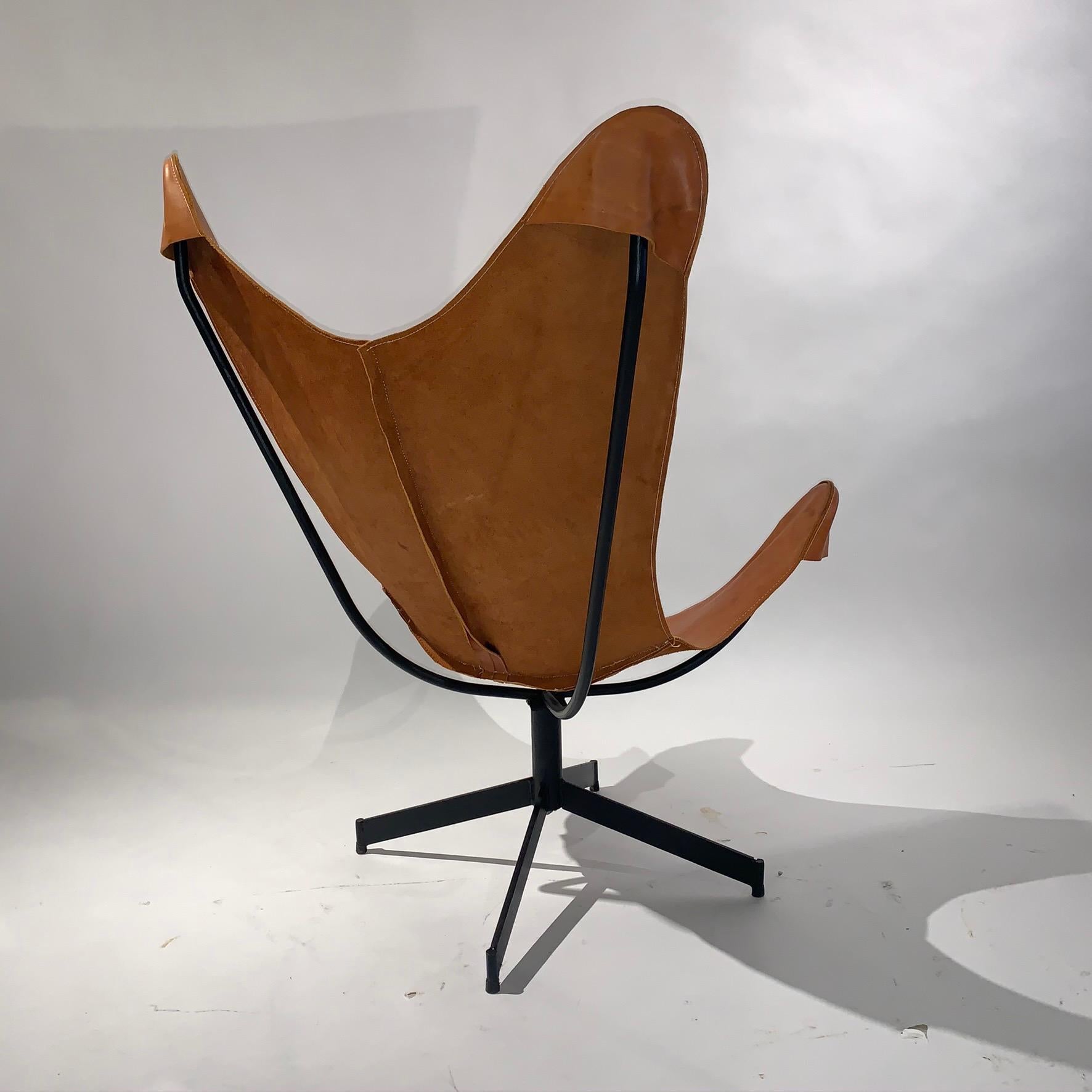 Mid-Century Modern Rare 1960s William Katavolous Sculptural Leather Swivel Sling Butterfly Chair