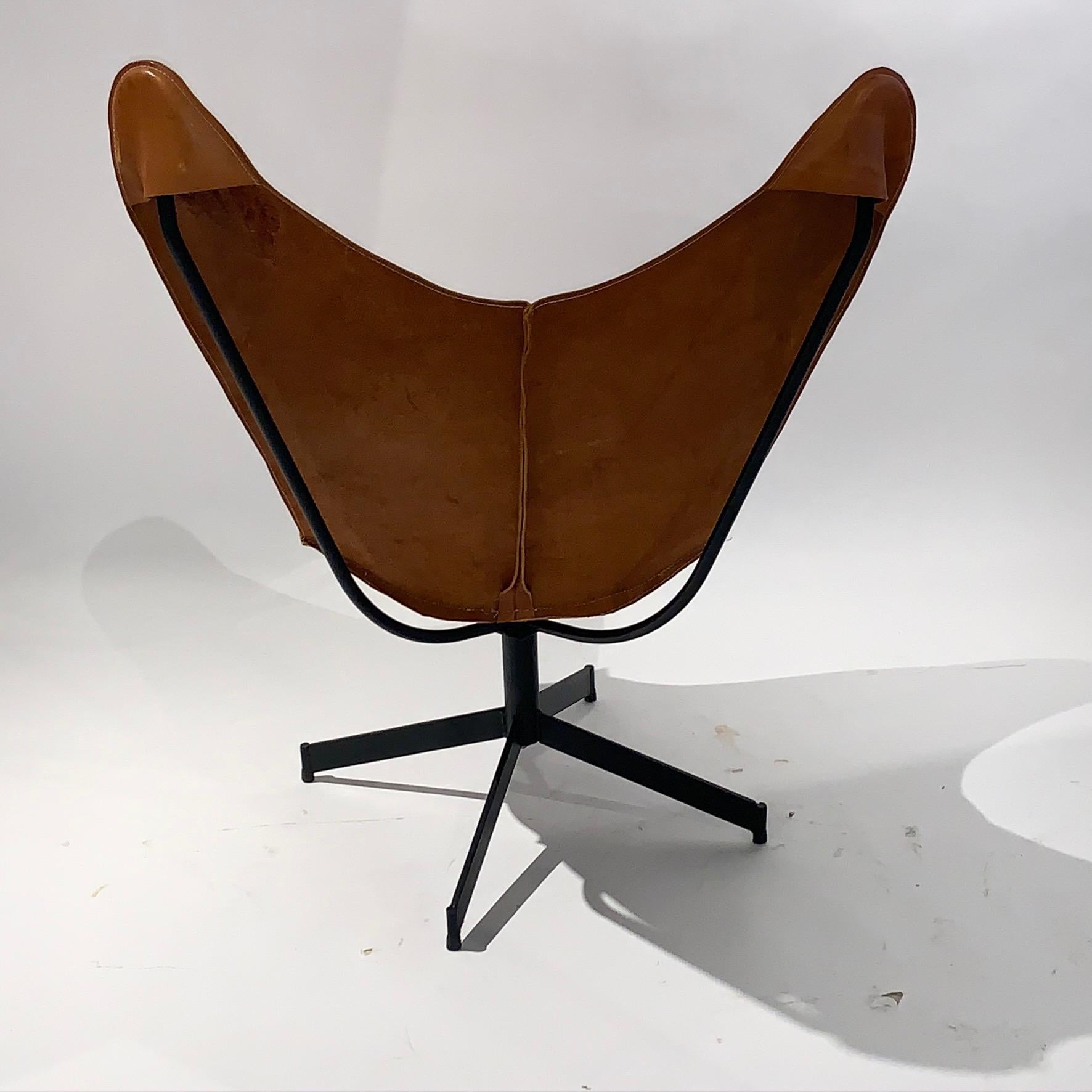 American Rare 1960s William Katavolous Sculptural Leather Swivel Sling Butterfly Chair