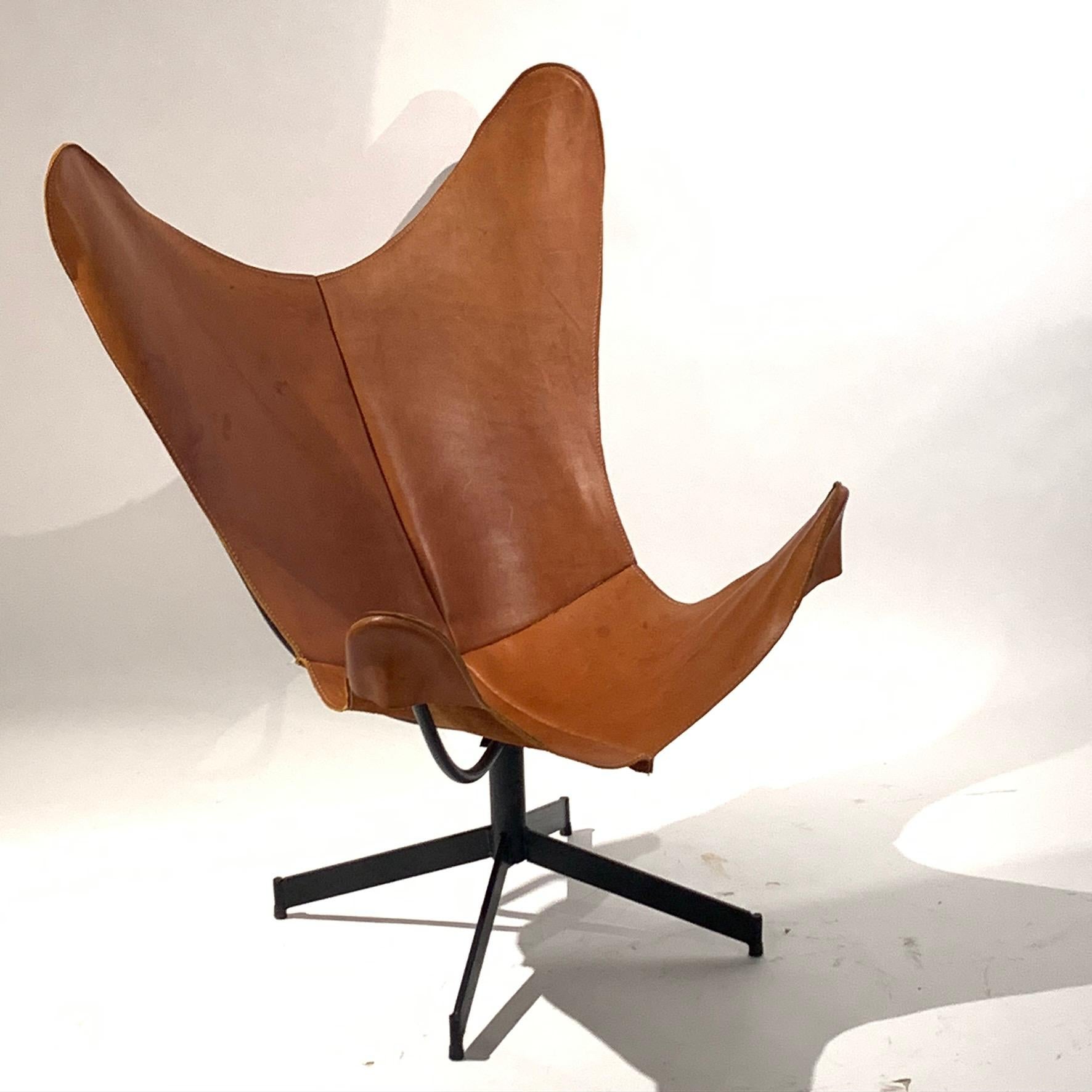 20th Century Rare 1960s William Katavolous Sculptural Leather Swivel Sling Butterfly Chair