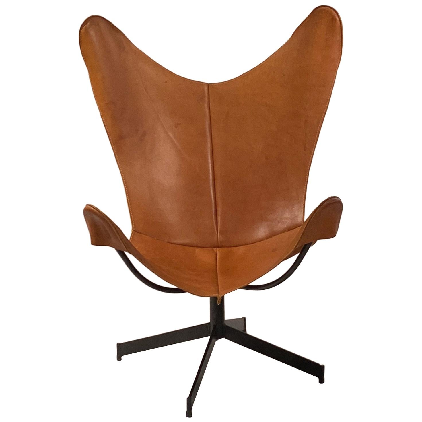 Rare 1960s William Katavolous Sculptural Leather Swivel Sling Butterfly Chair