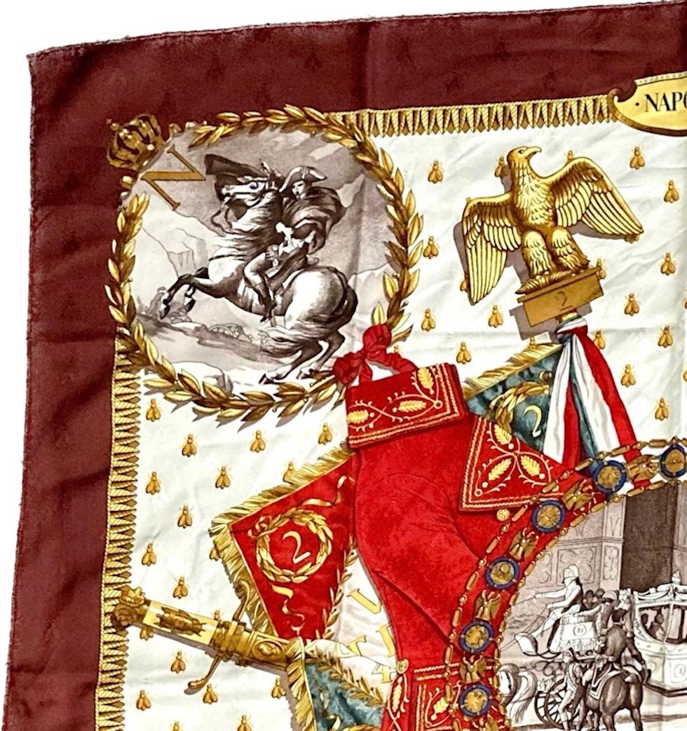 Hermes silk scarf « Napoléon » by Philippe Ledoux featuring a bee pattern jacquard ground, a bordeaux border and a top logo signature. 
Circa 1963 
In good vintage condition  Made in France.
35,4in. (90cm)  X 35,4in. (90cm)
We guarantee you will