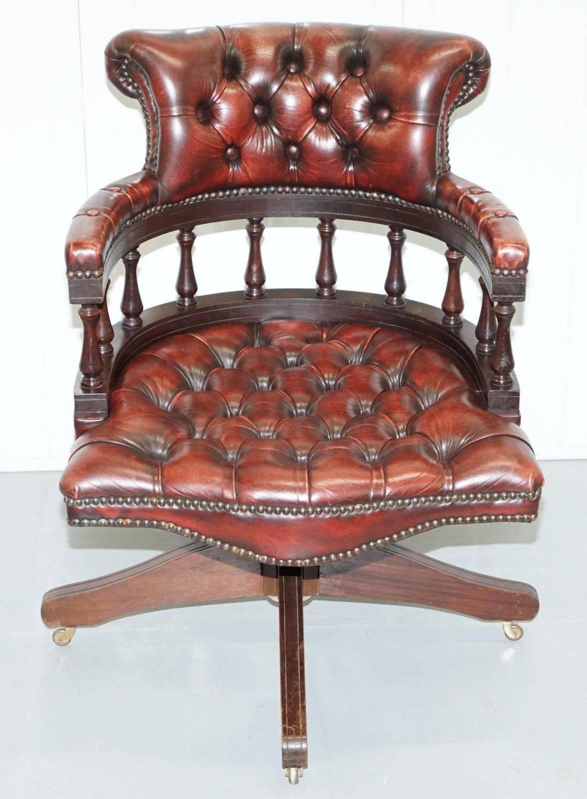 We are delighted to offer for sale this lovely 1967 stamped original Chesterfield aged oxblood leather captain’s chair

Please note the delivery fee listed is just a guide.

The chair was made by the Original Chesterfield Company in 1967, the