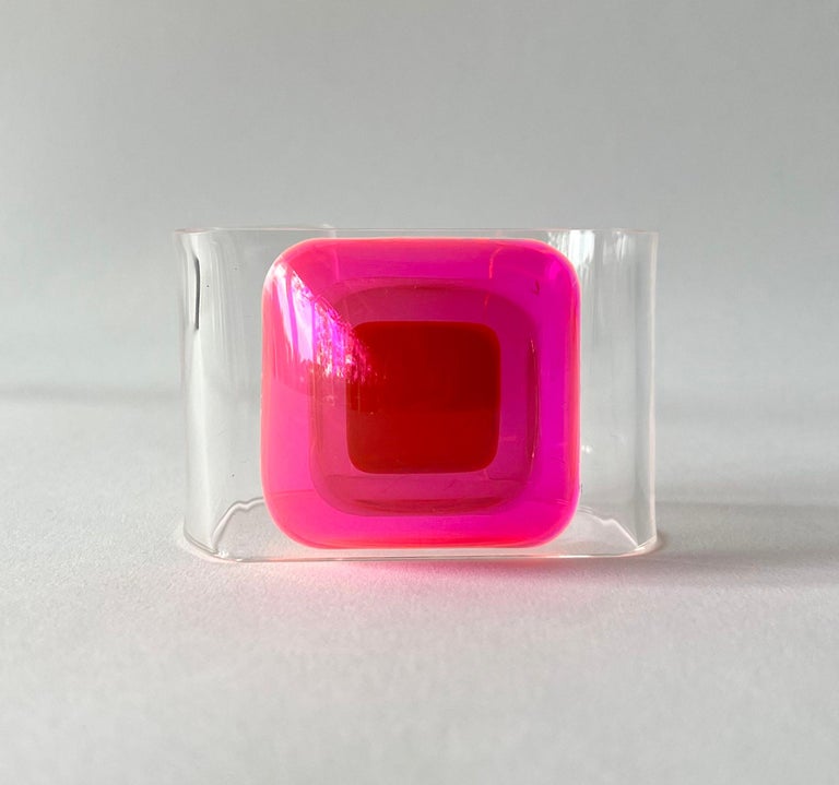 Layers of vacuum-formed clear, pink and blue plexiglas affixed on translucent acrylic cuff bracelet created by artist and sculptor Aaronel deRoy Gruber, circa 1970's. This rare and one of a kind handcrafted bracelet that should slide over the hand