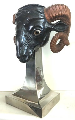 Rare 1970s Anthony Redmile Carved Ram’s Head Planter on Chrome Stand, England