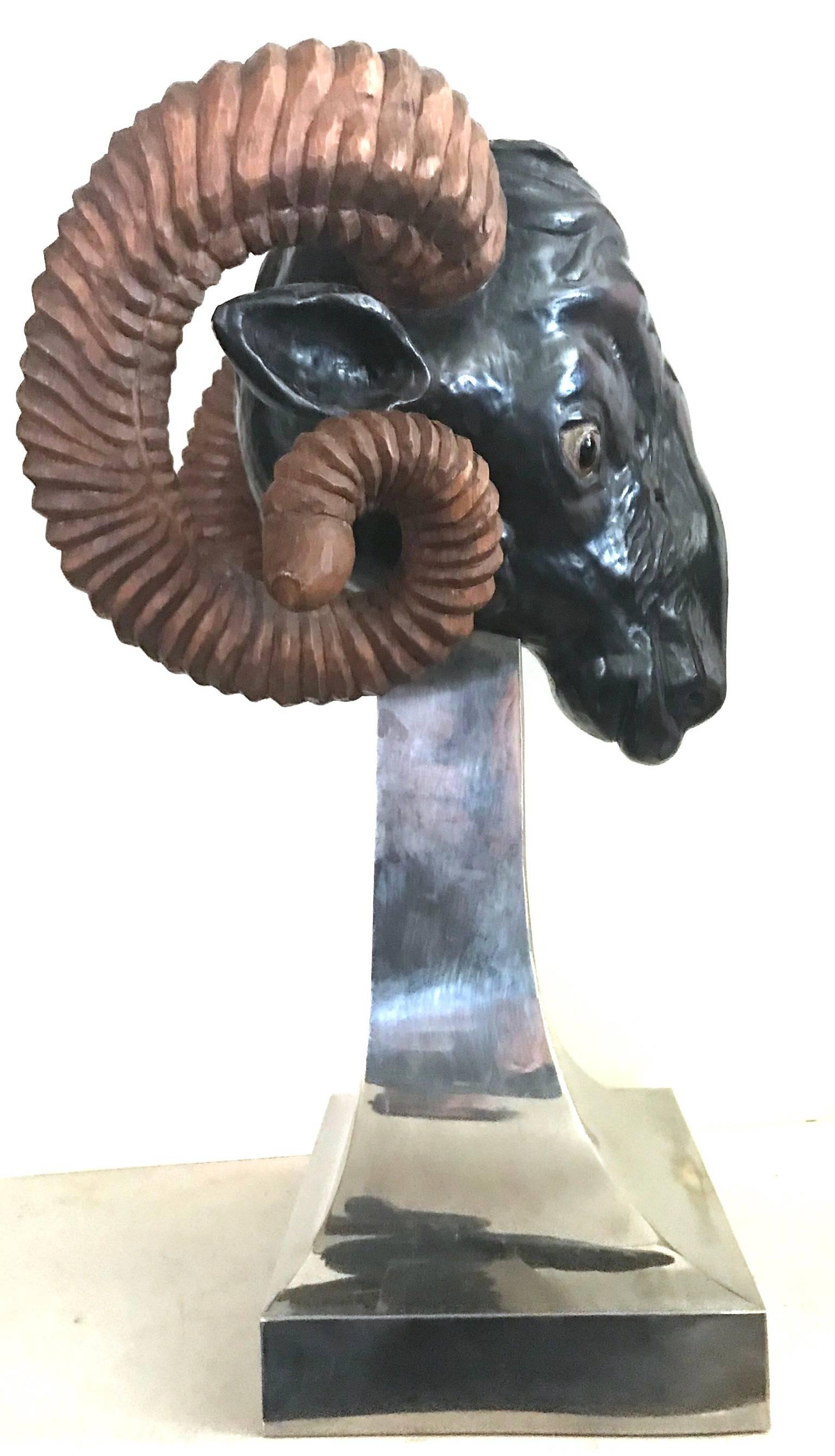 Rare 1970s Anthony Redmile Carved Ram’s Head Planter on Chrome Stand, England In Excellent Condition In Washington, DC