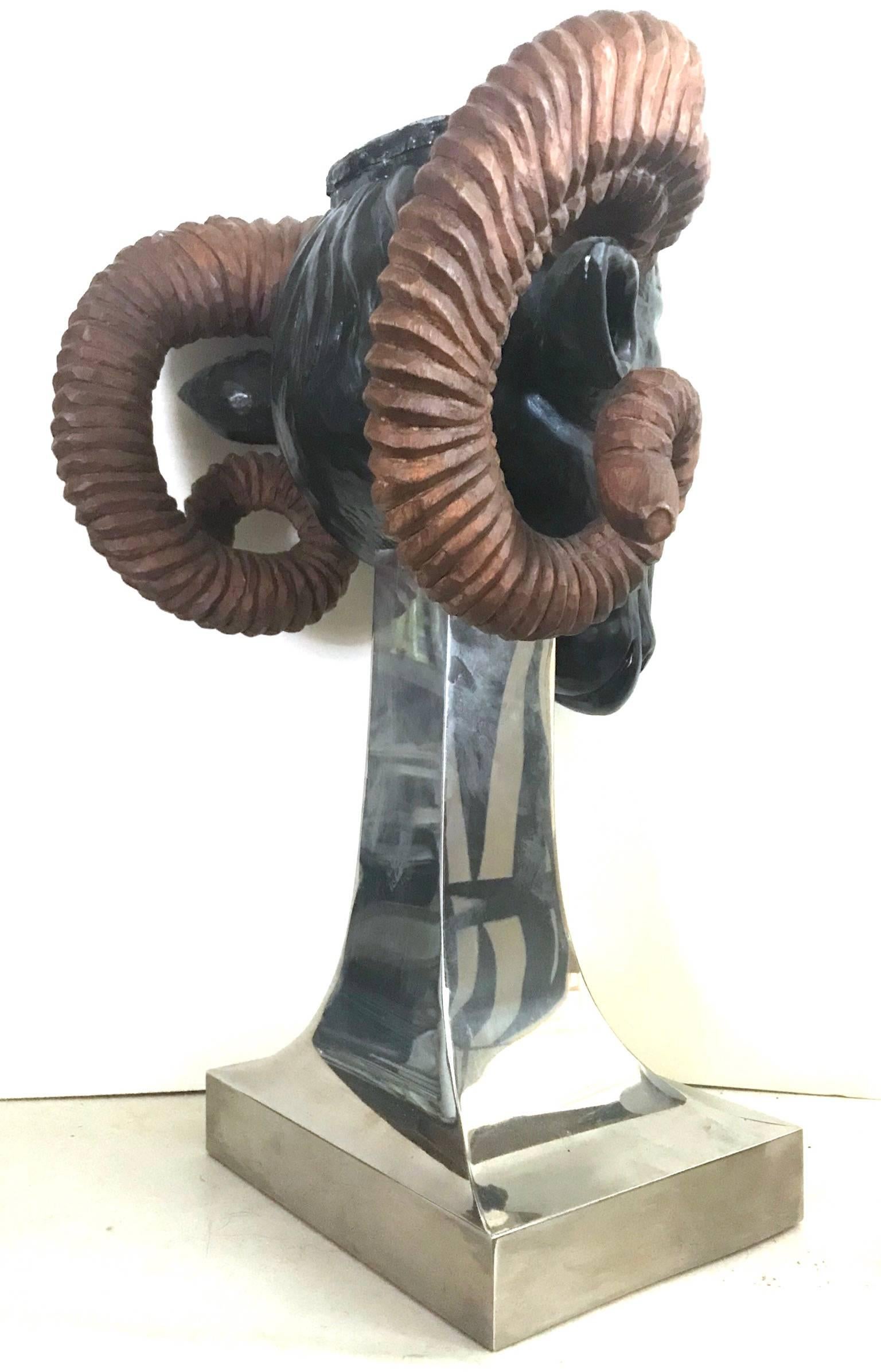 Late 20th Century Rare 1970s Anthony Redmile Carved Ram’s Head Planter on Chrome Stand, England