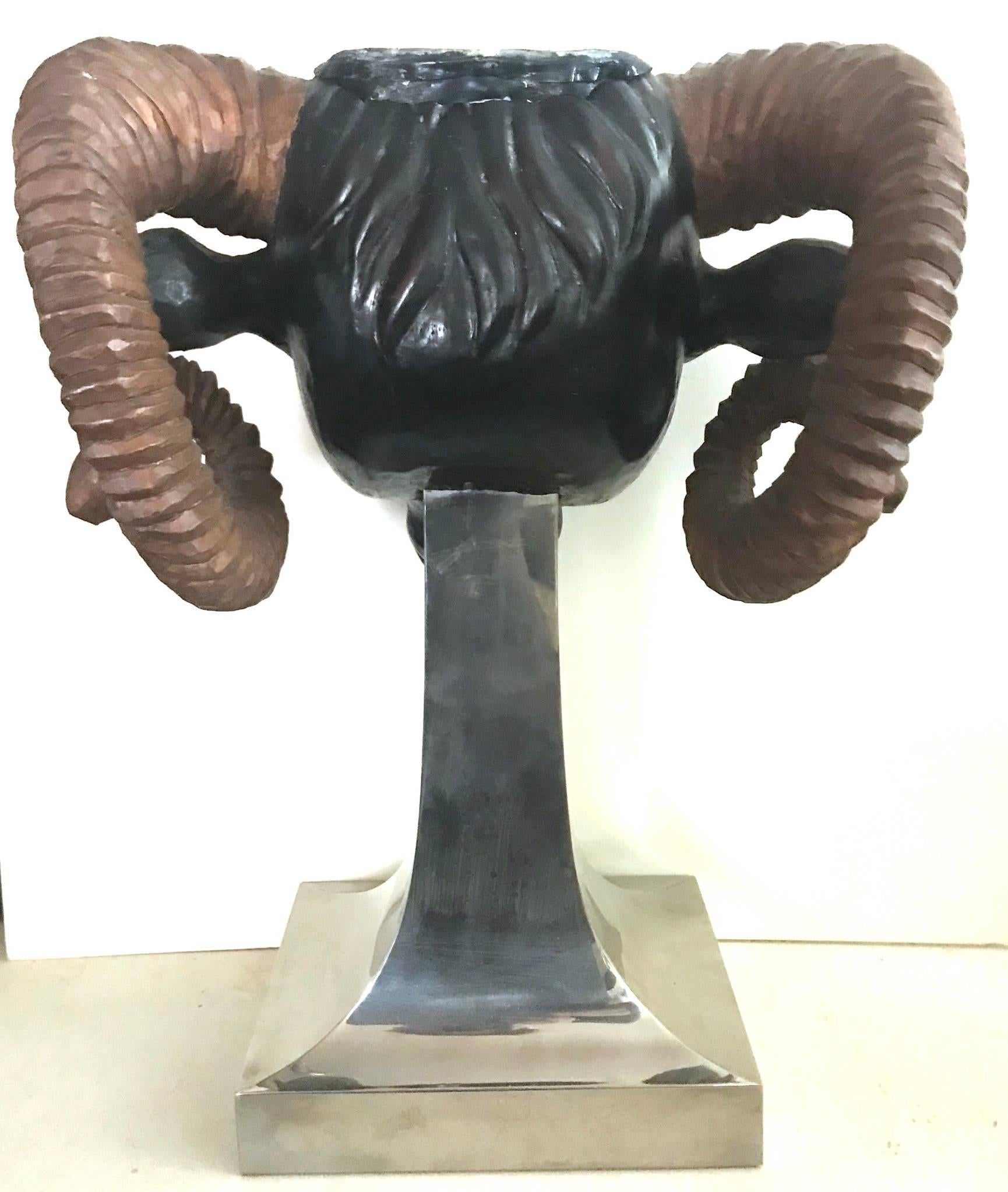 Rare 1970s Anthony Redmile Carved Ram’s Head Planter on Chrome Stand, England 1