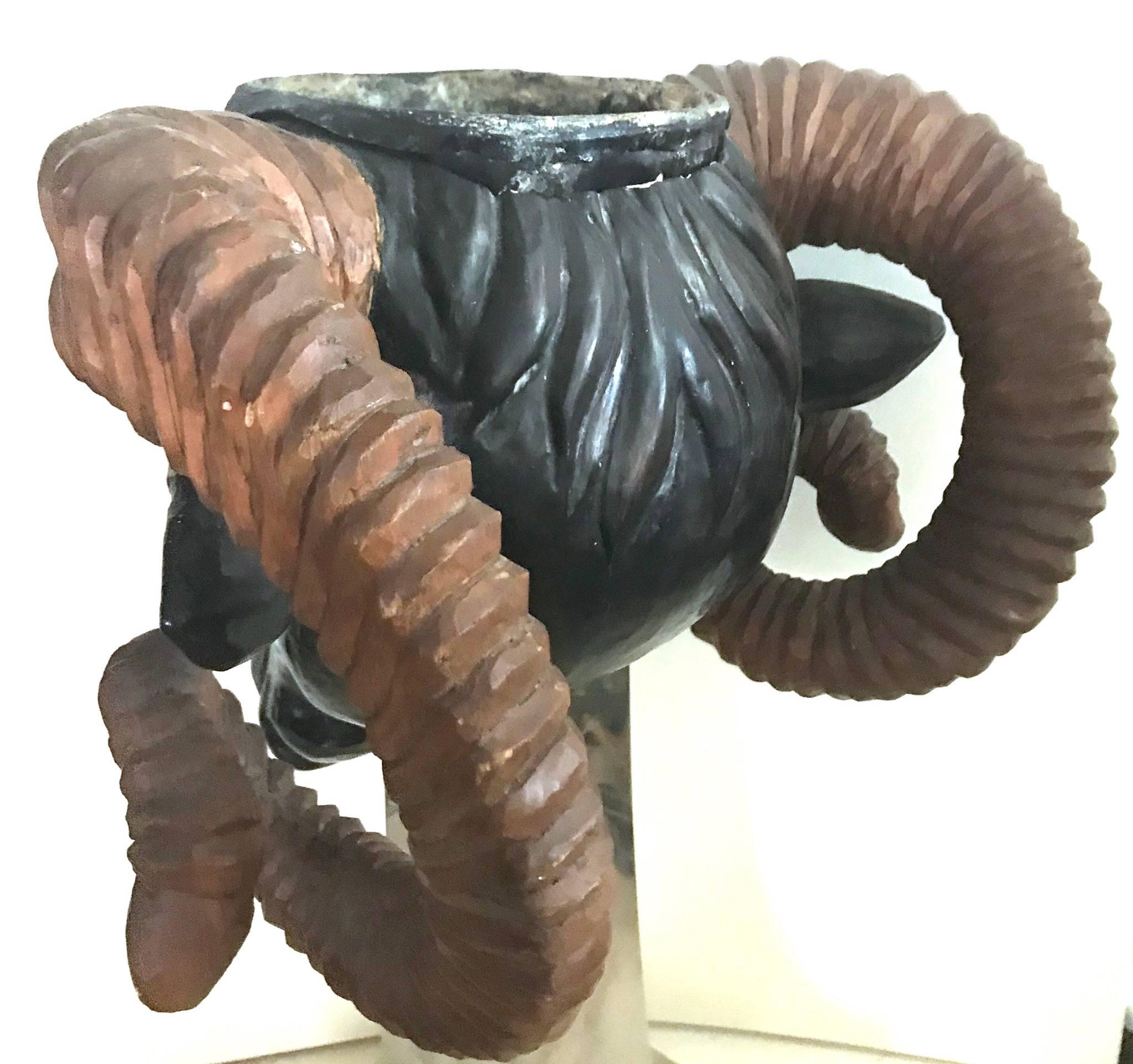 Rare 1970s Anthony Redmile Carved Ram’s Head Planter on Chrome Stand, England 2