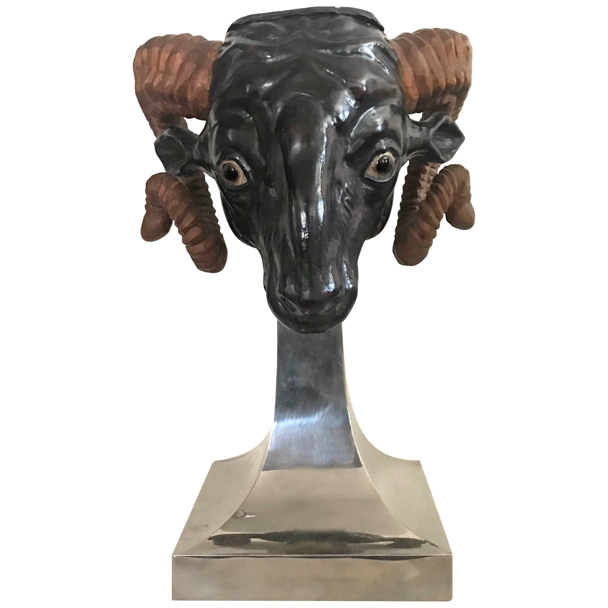 Rare 1970s Anthony Redmile Carved Ram’s Head Planter on Chrome Stand, England