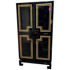 Rare 1970s Black Lacquer and Inlay Bar Cabinet by Paco Rabanne
