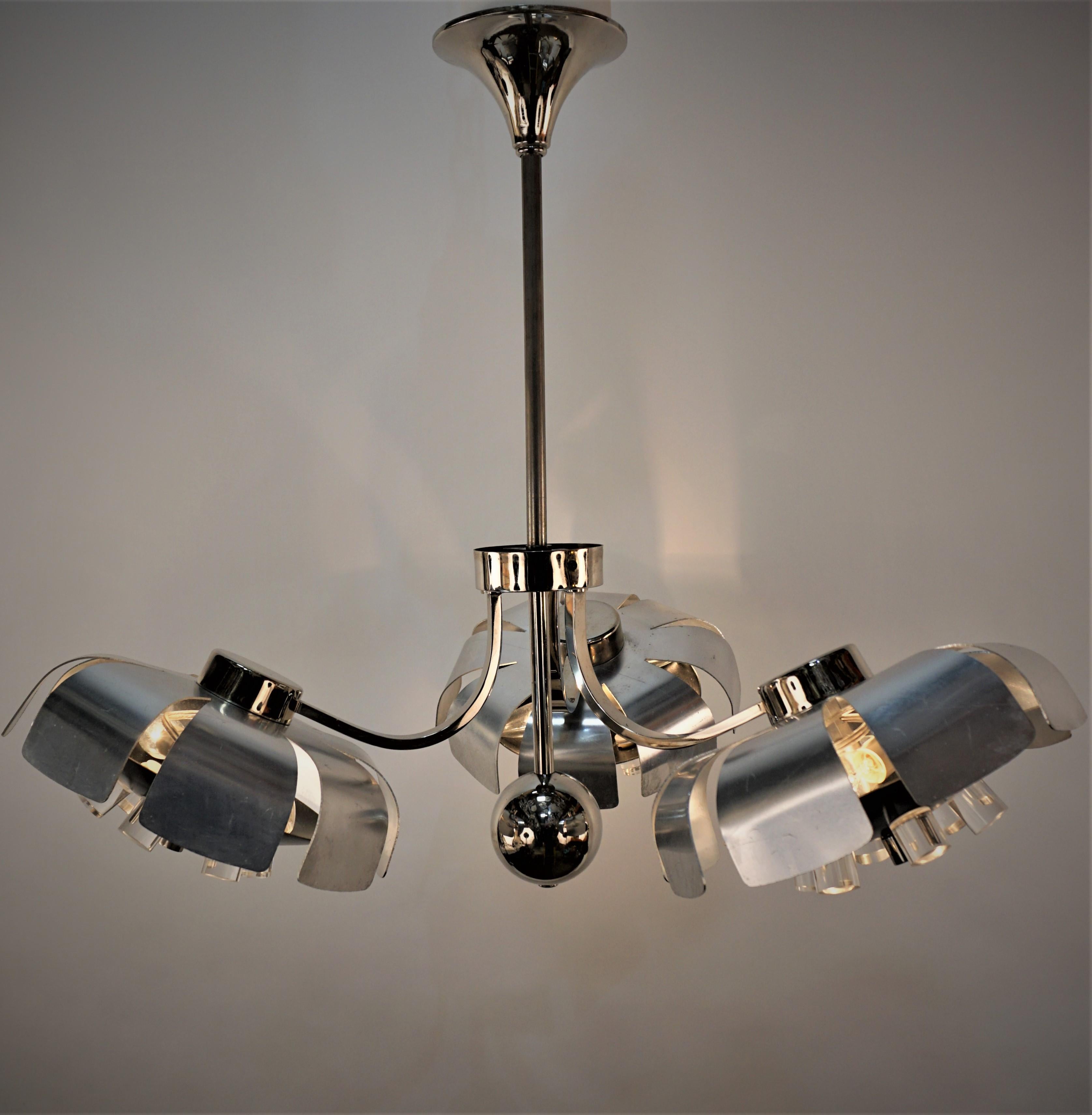 Rare 1970s Brushed Aluminum, Nickel and Lucite Chandelier For Sale 1