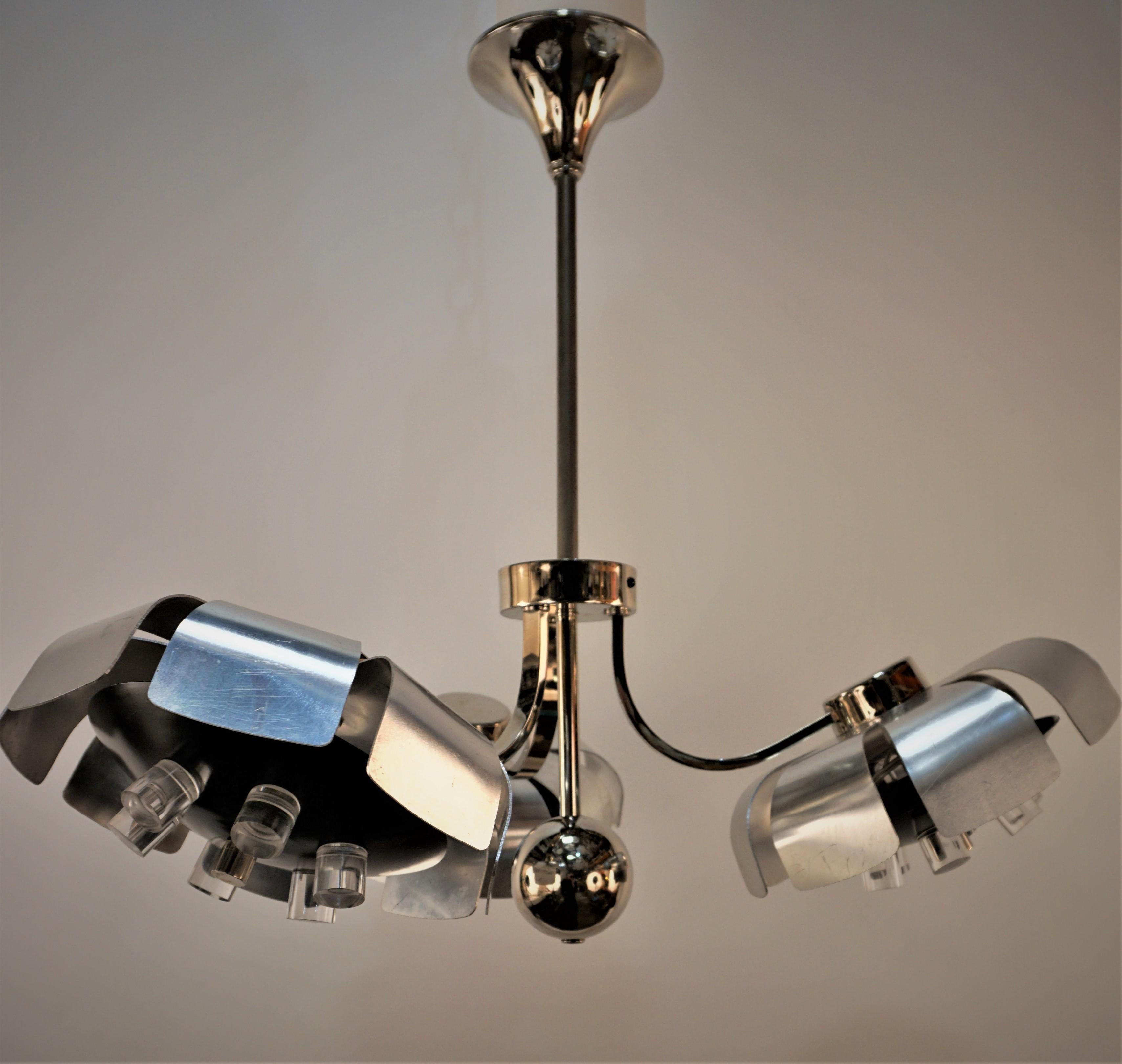 Rare 1970s Brushed Aluminum, Nickel and Lucite Chandelier For Sale 3