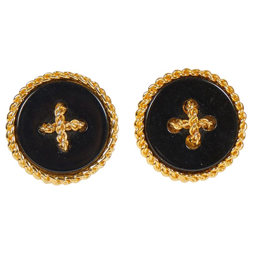Rare 1970's Chanel Black Gripoix LG Button Earrings