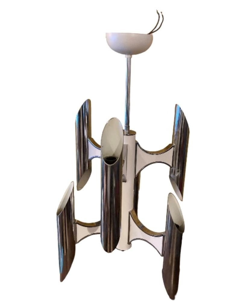 Rare  1970's Chrome Orbit Chandelier by Gaetano Sciolari, 12 bulb E14 sockets. 6 arms with light to top and bottom, finished in cream and chrome. An absolutley remarkeable ceiling light, true to the mid century classical design by Geatano Sciolari,