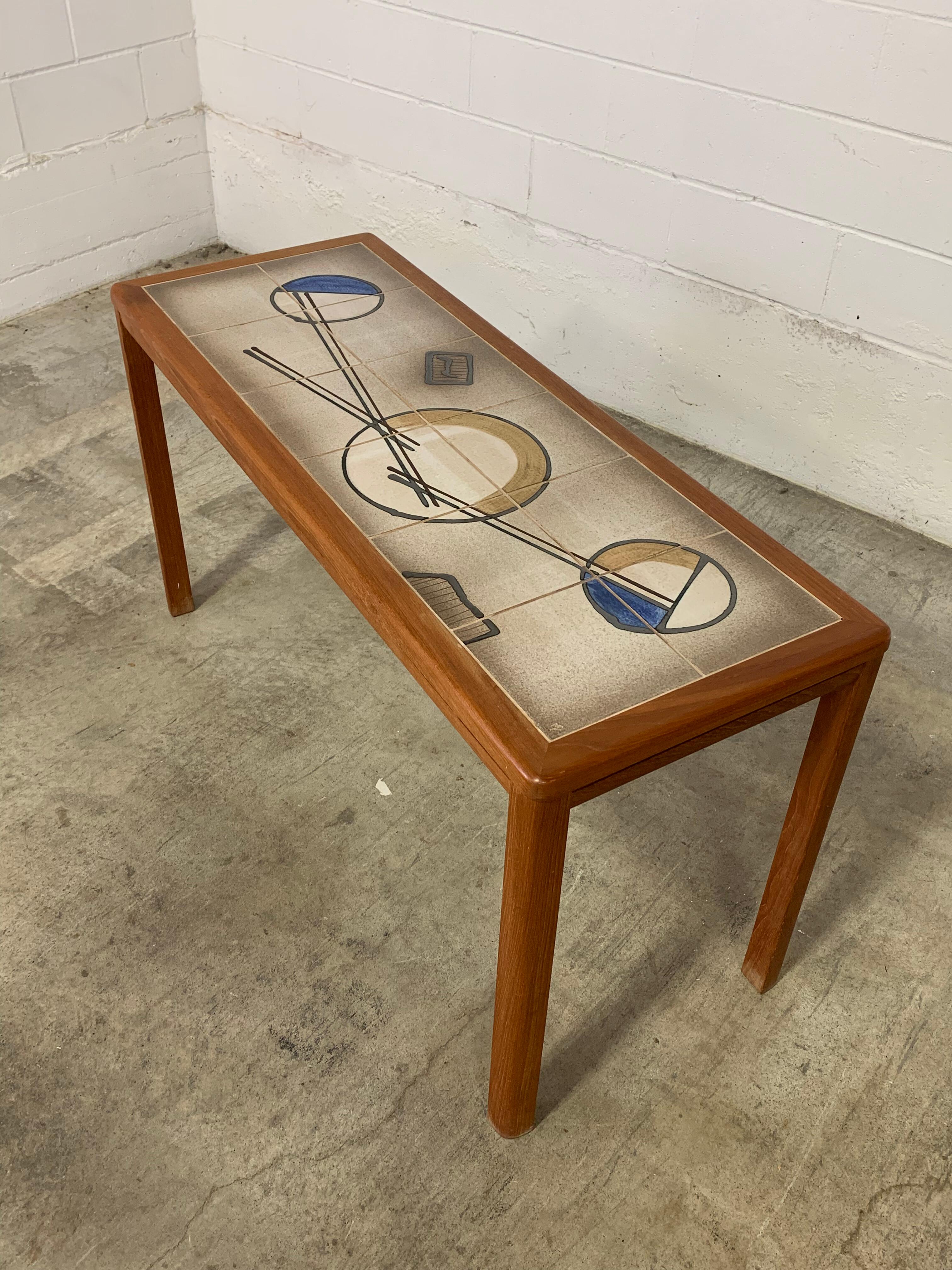 Rare 1970s Danish Teak Console Table with One-of-a-Kind Abstract Tile Inset For Sale 5