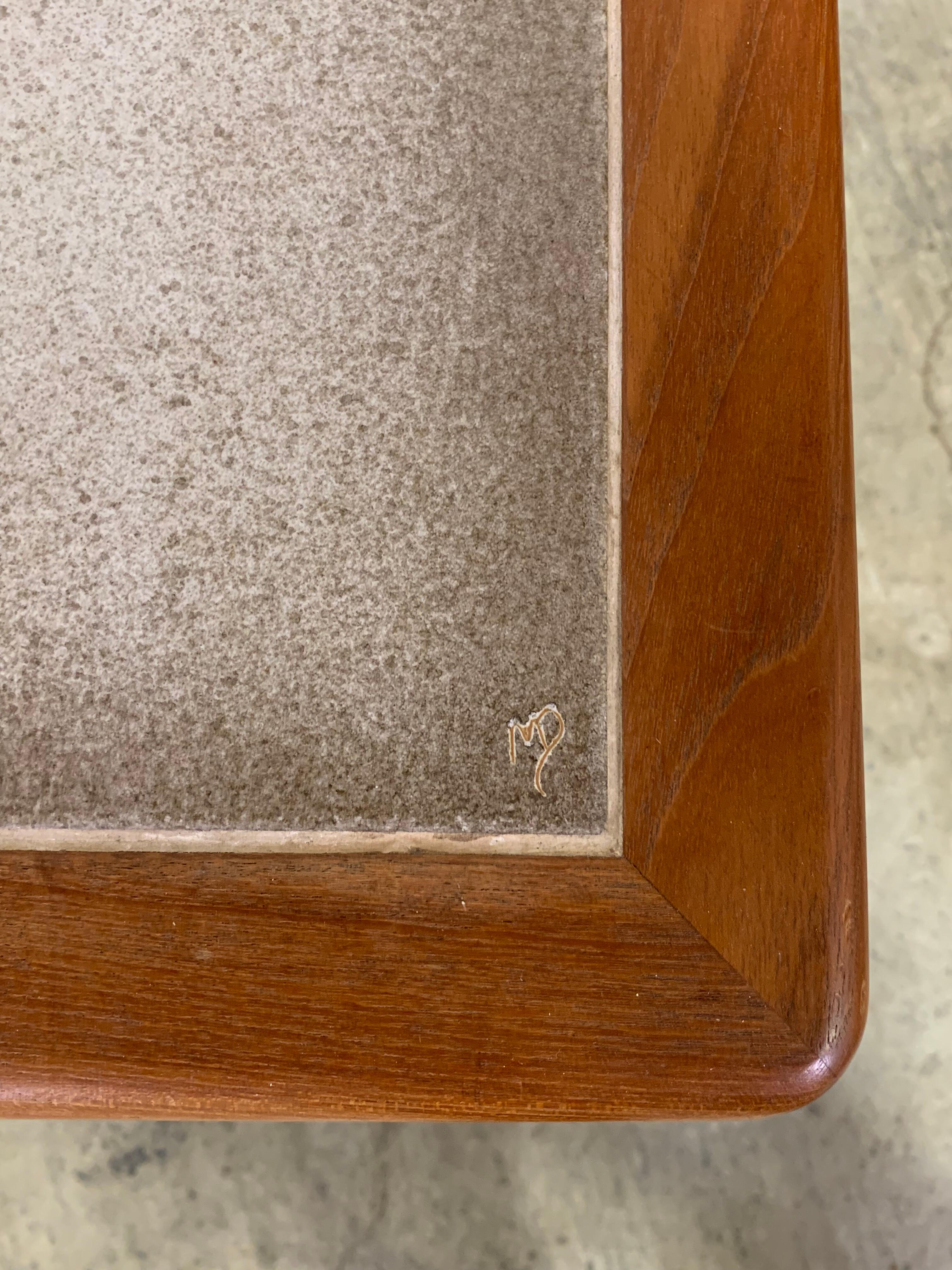 Rare 1970s Danish Teak Console Table with One-of-a-Kind Abstract Tile Inset For Sale 1