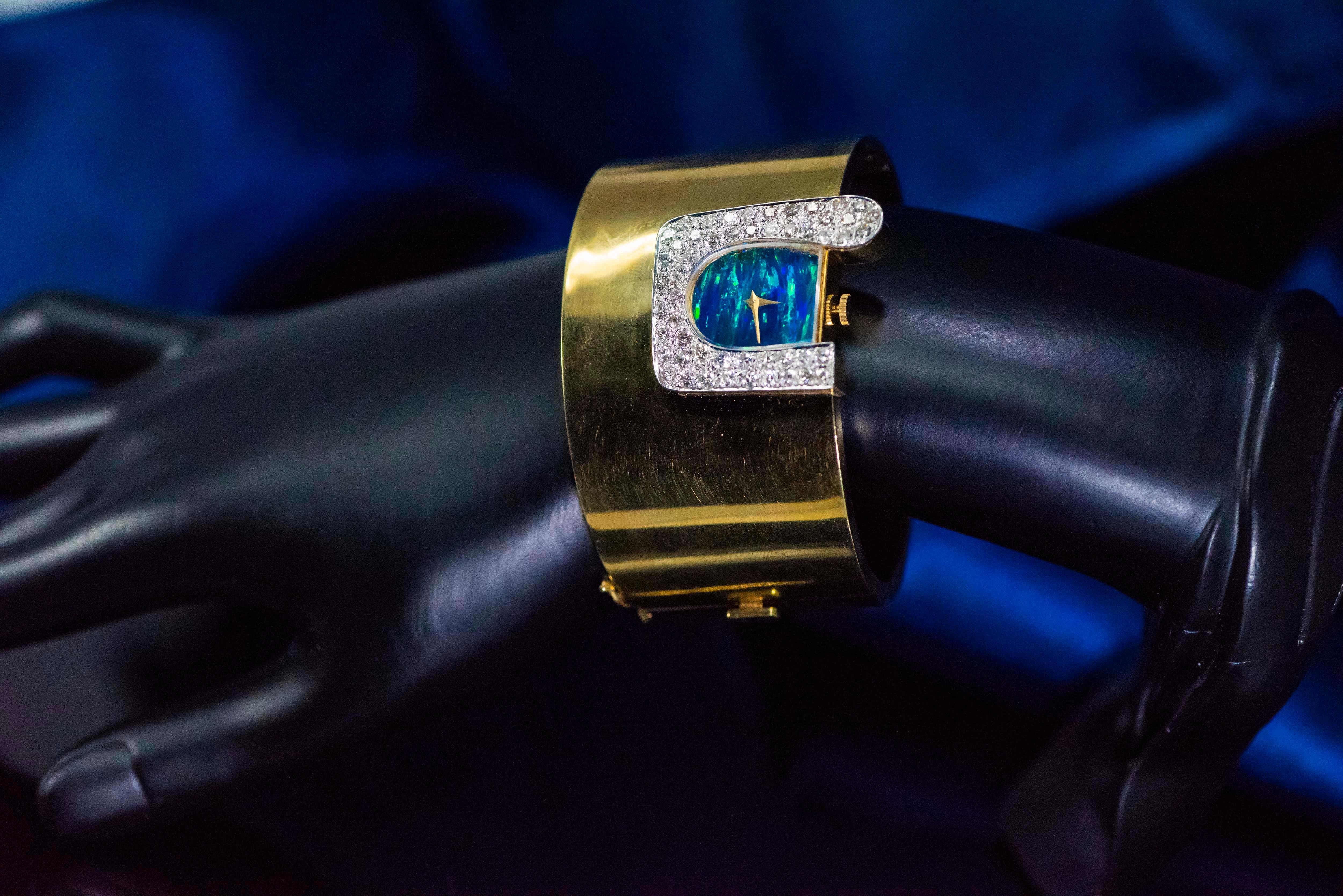  1970s Ebel 18Kt Gold & Platinum Diamond Set Opal Cuff Bangle Bracelet Watch 4
