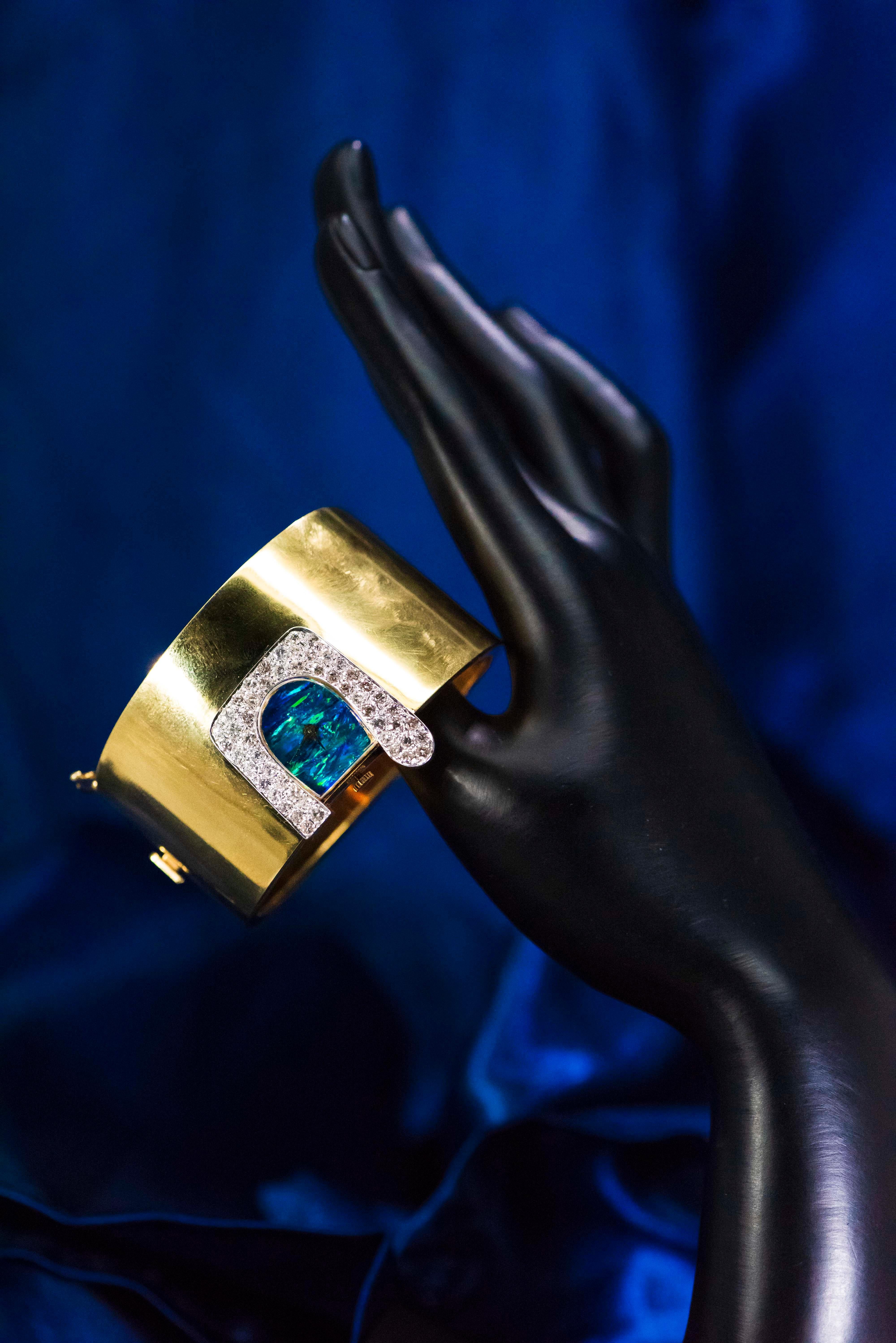  1970s Ebel 18Kt Gold & Platinum Diamond Set Opal Cuff Bangle Bracelet Watch 8