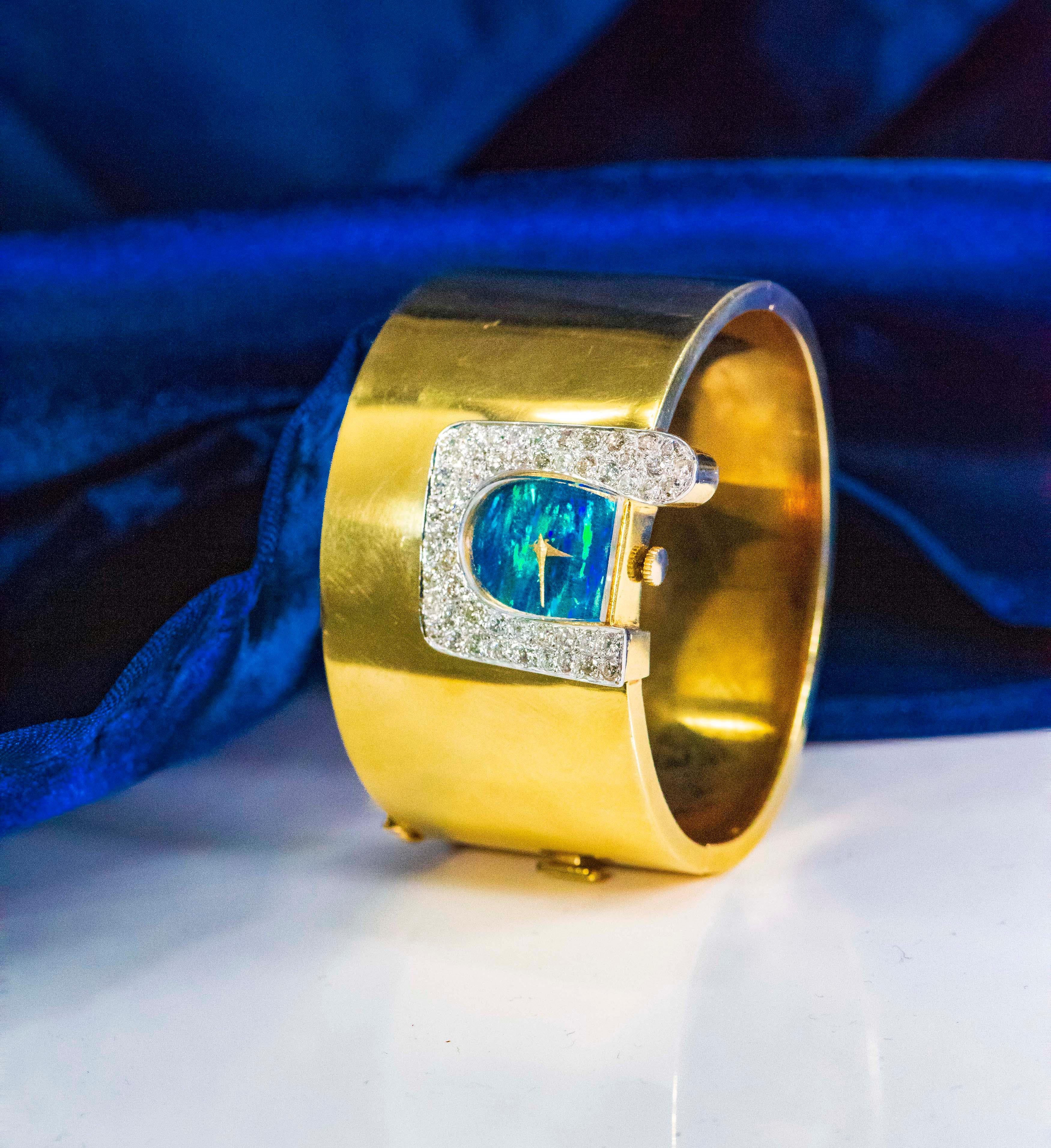  1970s Ebel 18Kt Gold & Platinum Diamond Set Opal Cuff Bangle Bracelet Watch 10