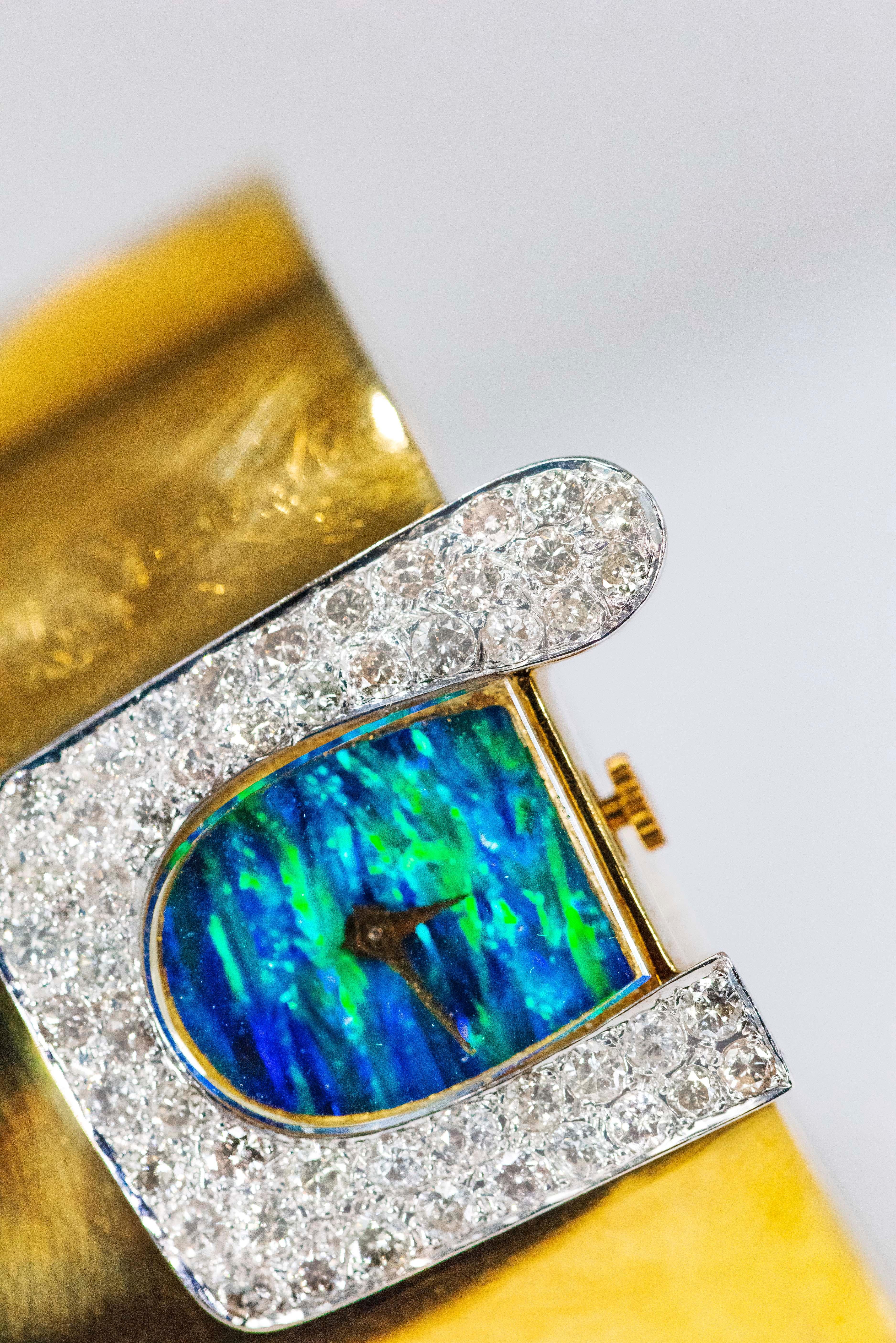  1970s Ebel 18Kt Gold & Platinum Diamond Set Opal Cuff Bangle Bracelet Watch 13