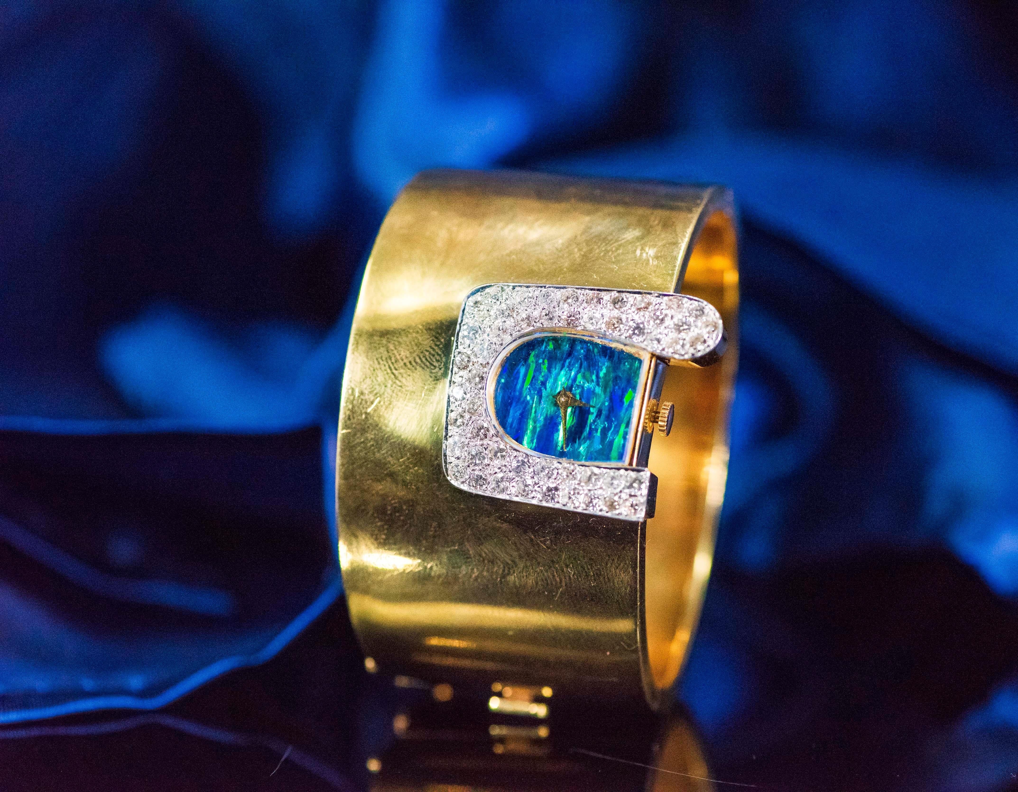 Round Cut  1970s Ebel 18Kt Gold & Platinum Diamond Set Opal Cuff Bangle Bracelet Watch