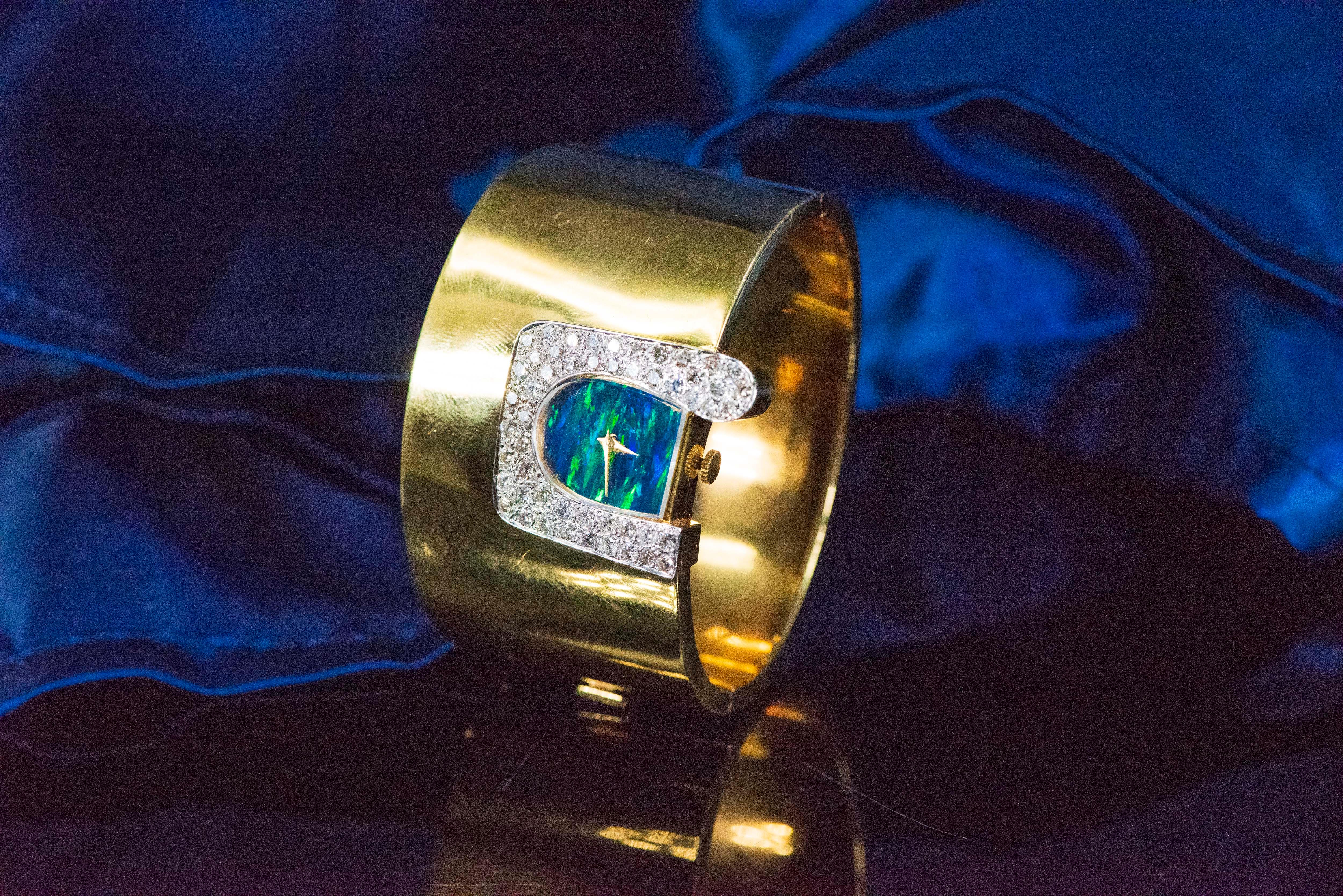 Women's or Men's  1970s Ebel 18Kt Gold & Platinum Diamond Set Opal Cuff Bangle Bracelet Watch
