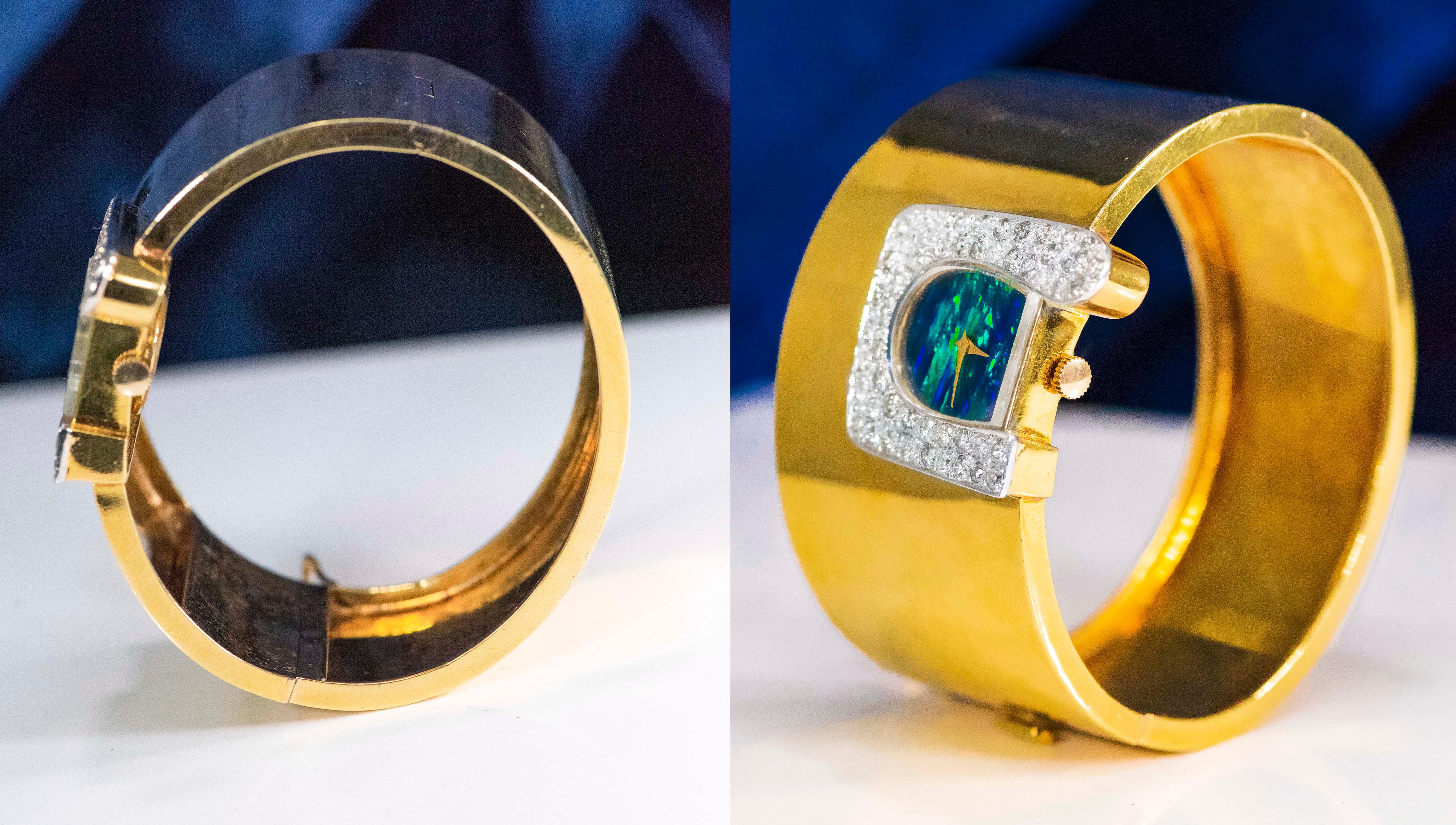  1970s Ebel 18Kt Gold & Platinum Diamond Set Opal Cuff Bangle Bracelet Watch 3