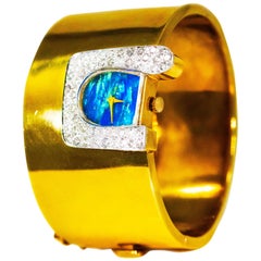  1970s Ebel 18Kt Gold & Platinum Diamond Set Opal Cuff Bangle Bracelet Watch