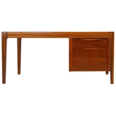 Rare 1970s Extendable Teak and Walnut Writing Table, Drawers, Freestanding Desk