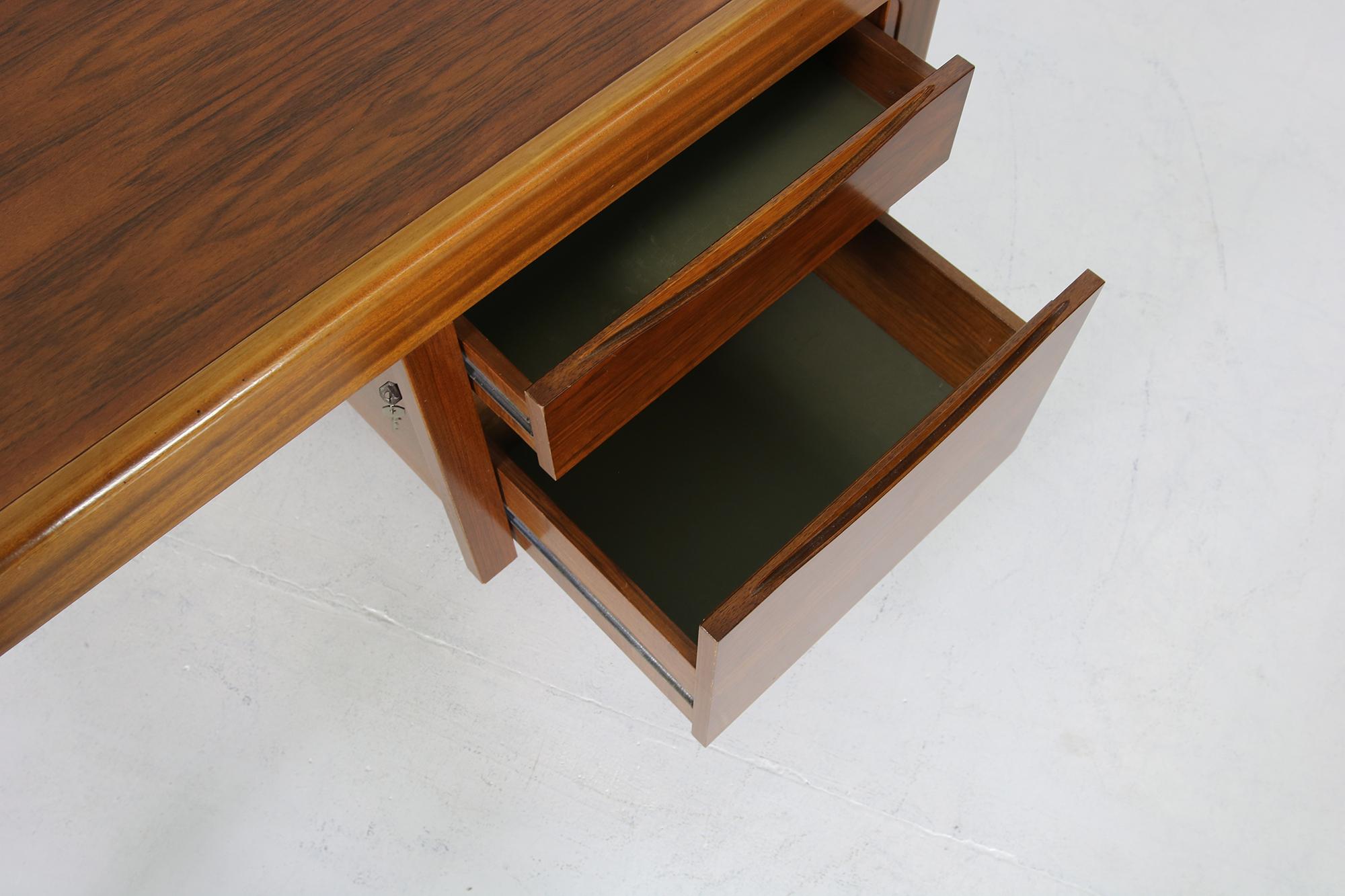 Veneer Rare 1970s Extendable Teak and Walnut Writing Table, Drawers, Freestanding Desk