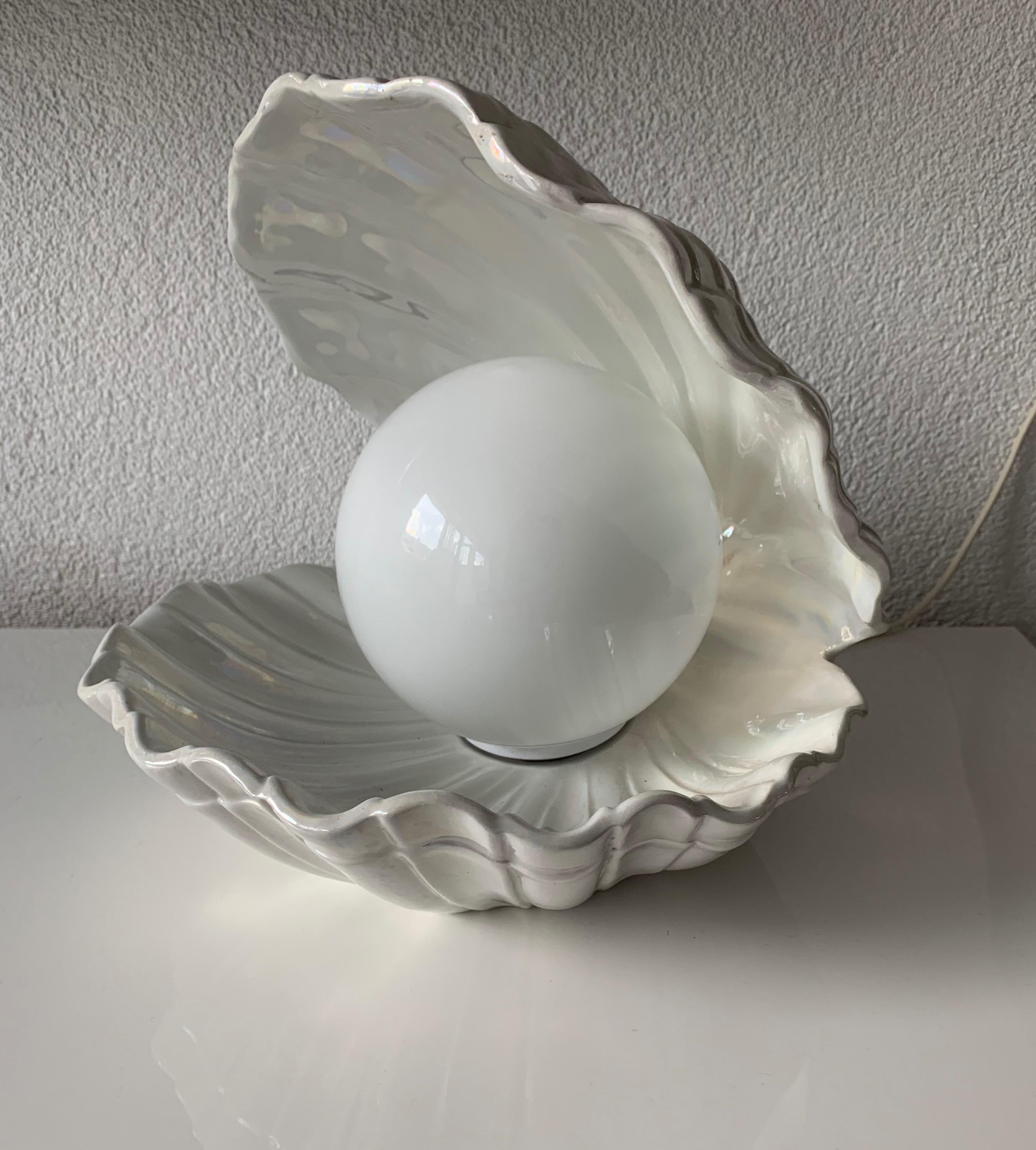Rare 1970s Glazed Ceramic Shell or Clam with Glass Pearl Table or Night Lamp 4