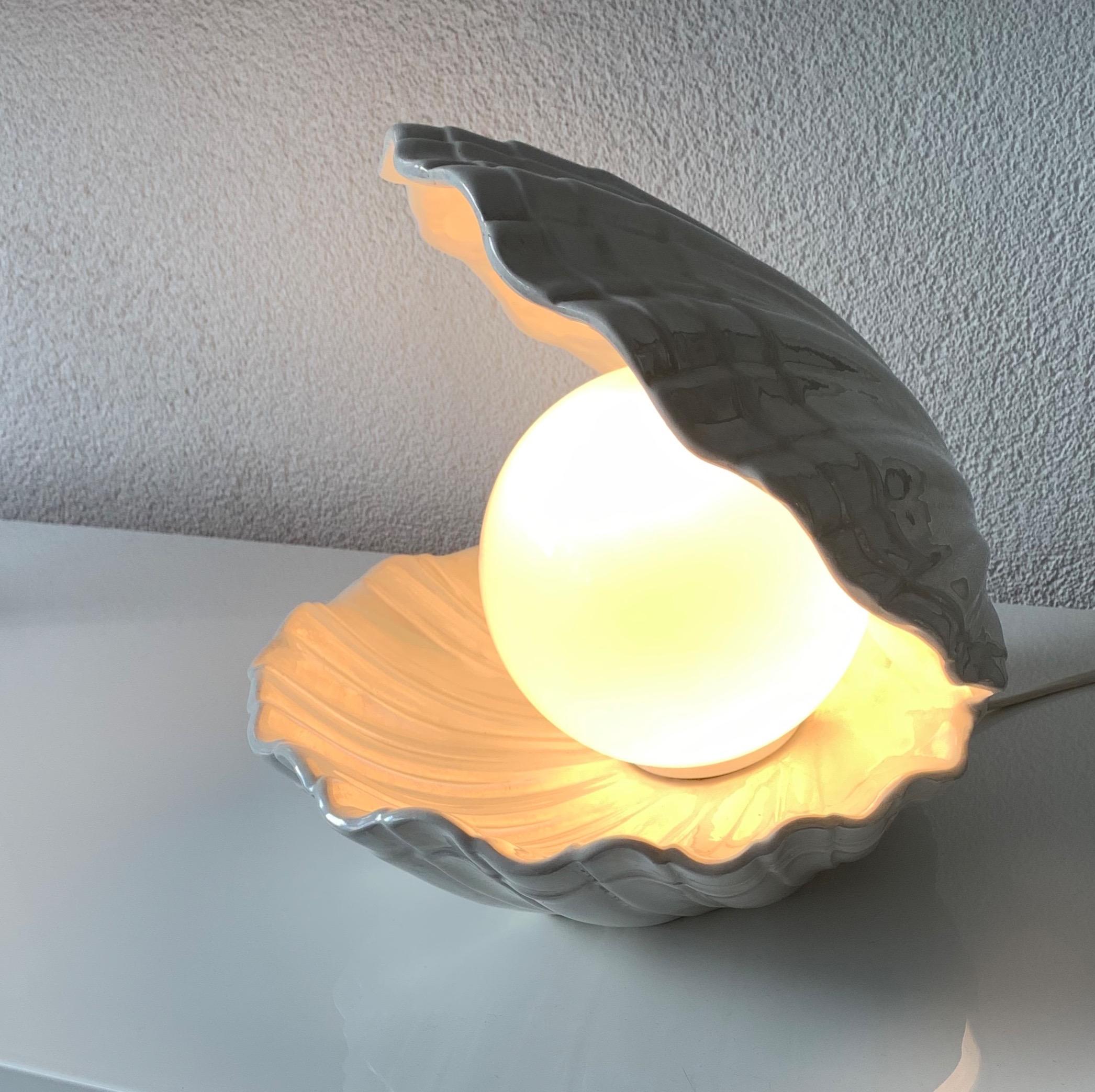 Rare 1970s Glazed Ceramic Shell or Clam with Glass Pearl Table or Night Lamp 5