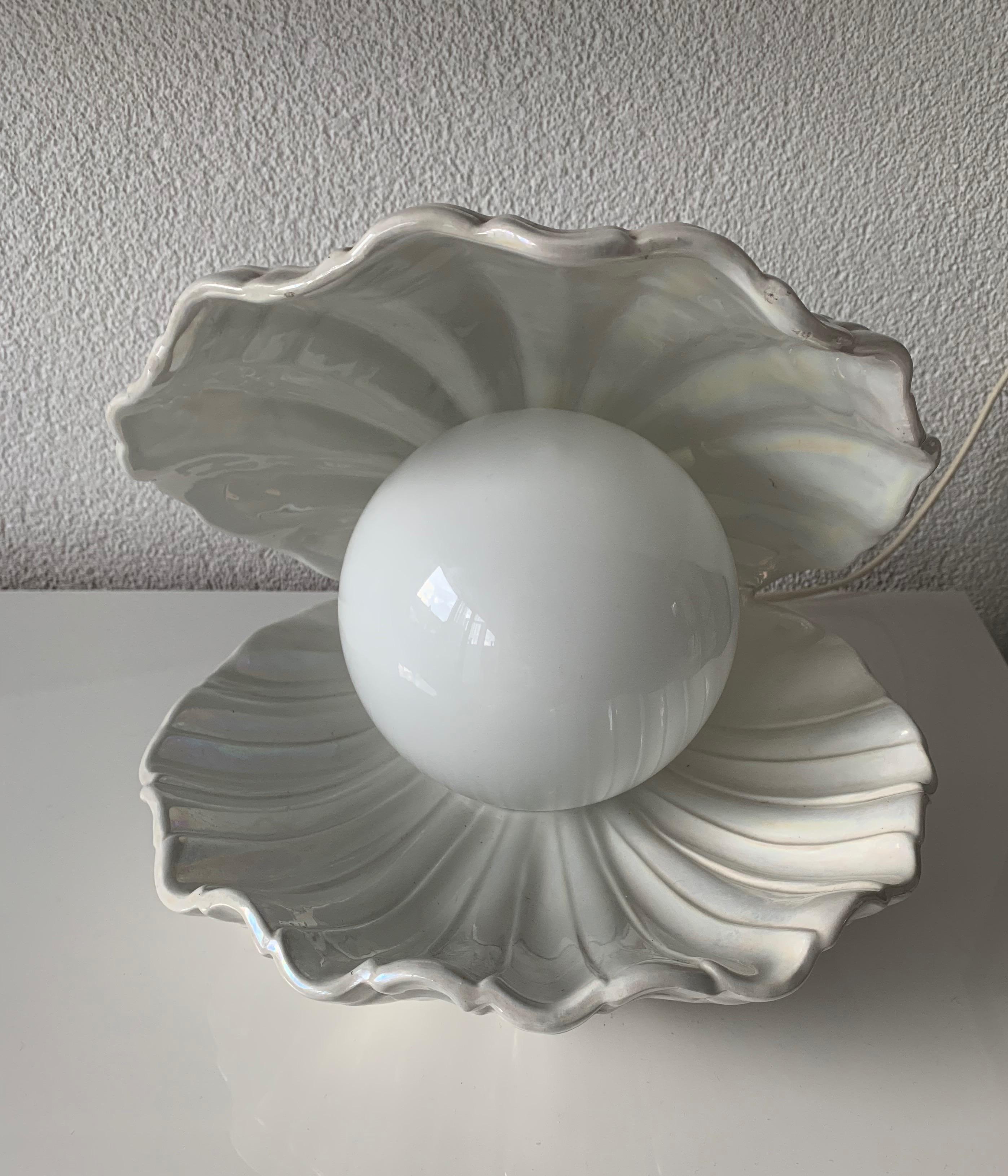 Rare 1970s Glazed Ceramic Shell or Clam with Glass Pearl Table or Night Lamp 7