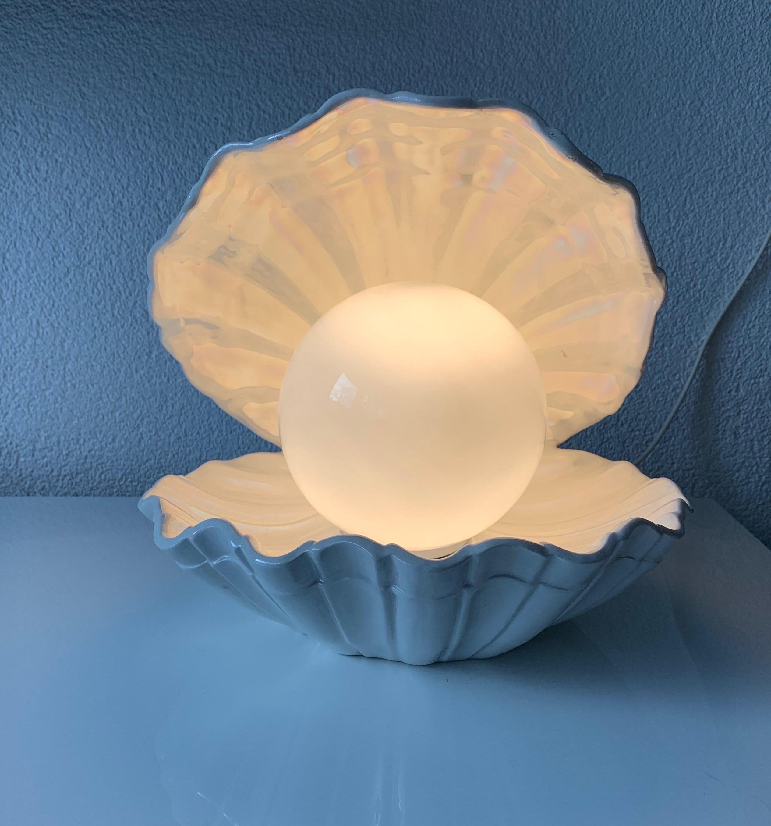 Rare 1970s Glazed Ceramic Shell or Clam with Glass Pearl Table or Night Lamp 8