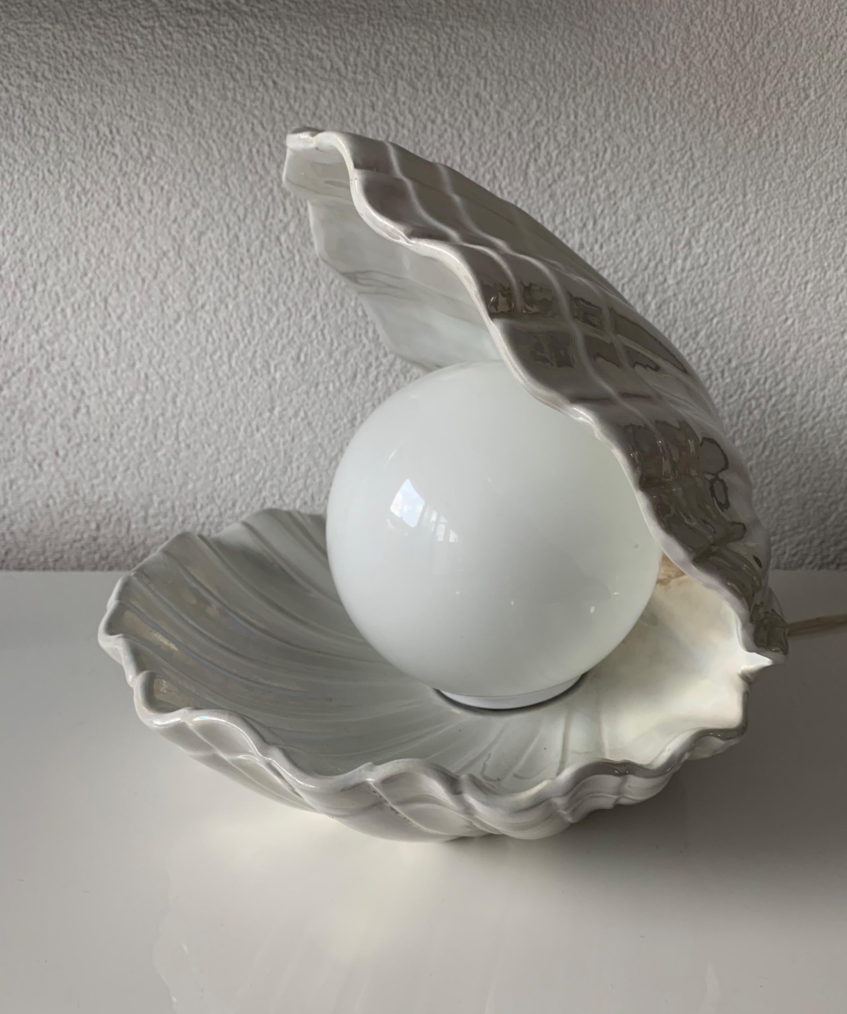 Rare 1970s Glazed Ceramic Shell or Clam with Glass Pearl Table or Night Lamp 10