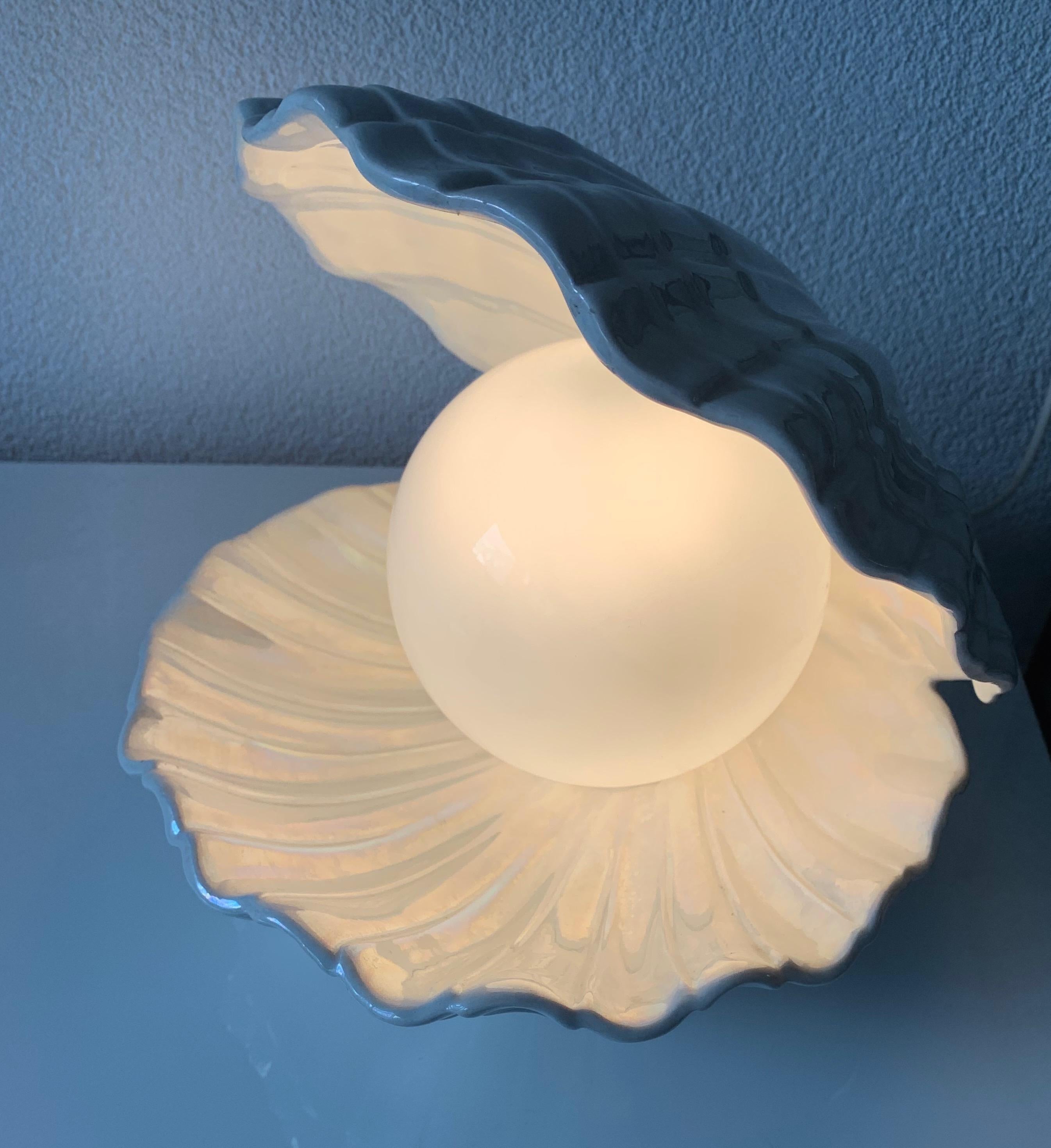 Rare 1970s Glazed Ceramic Shell or Clam with Glass Pearl Table or Night Lamp 11