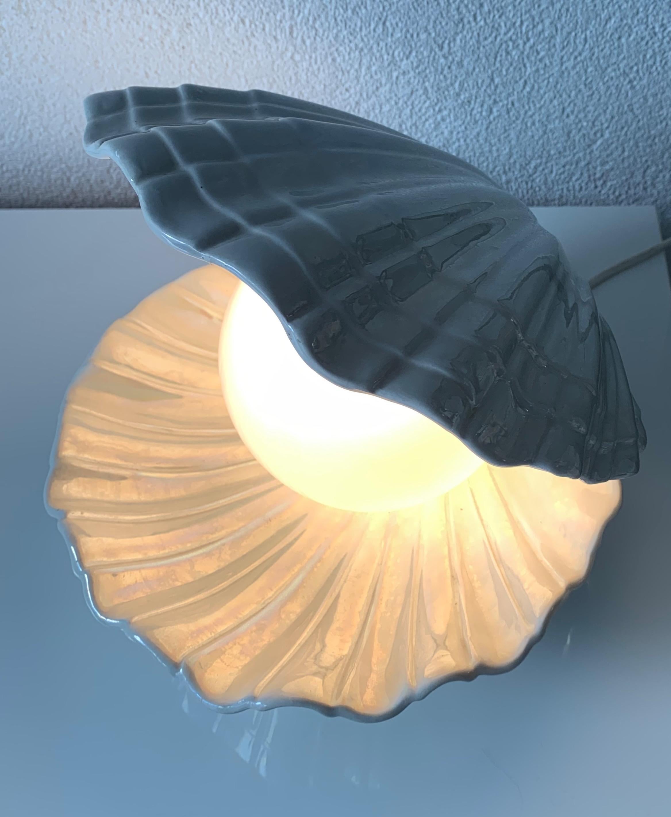 Modern Rare 1970s Glazed Ceramic Shell or Clam with Glass Pearl Table or Night Lamp