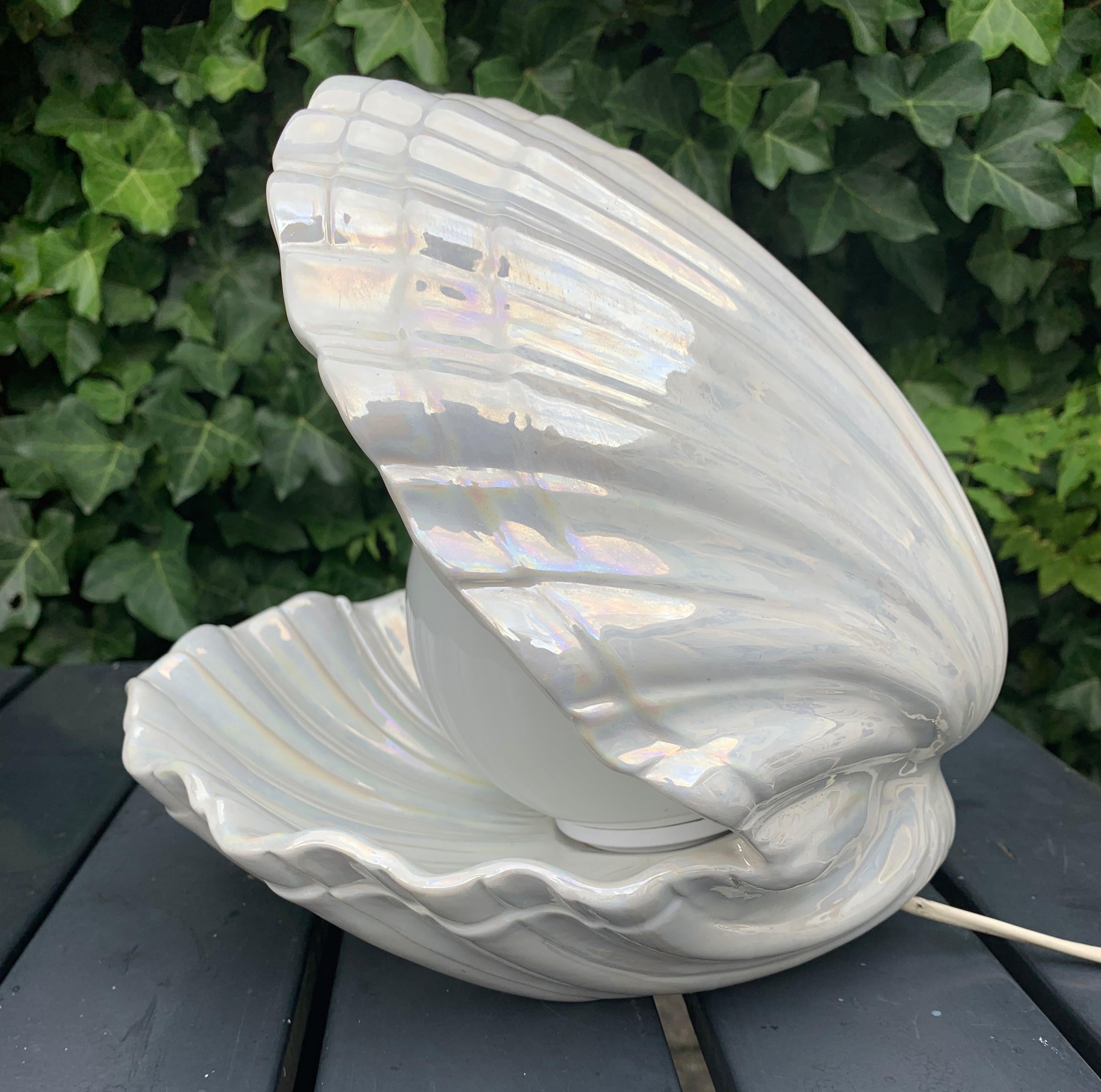 Italian Rare 1970s Glazed Ceramic Shell or Clam with Glass Pearl Table or Night Lamp