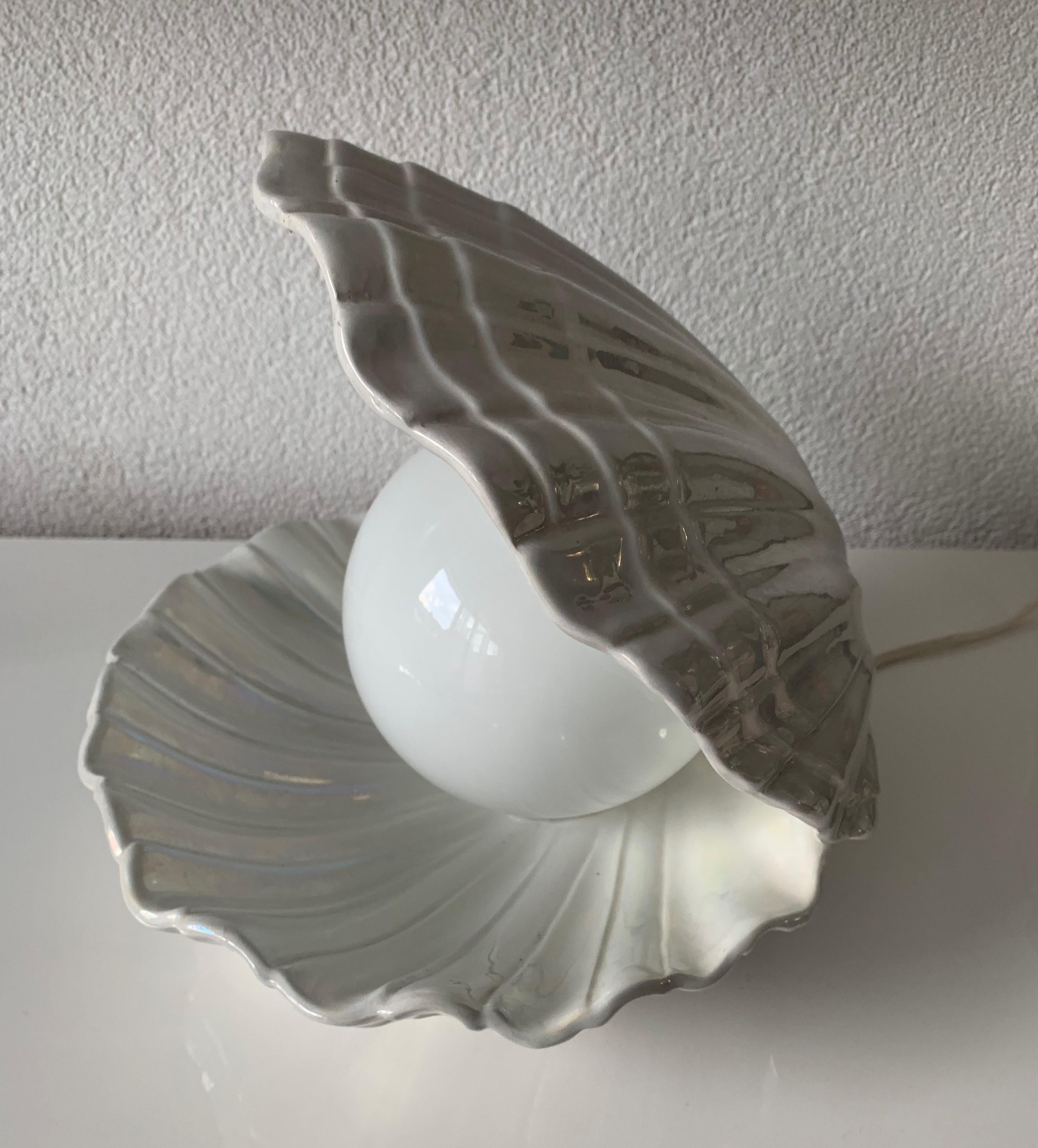 Rare 1970s Glazed Ceramic Shell or Clam with Glass Pearl Table or Night Lamp In Excellent Condition In Lisse, NL
