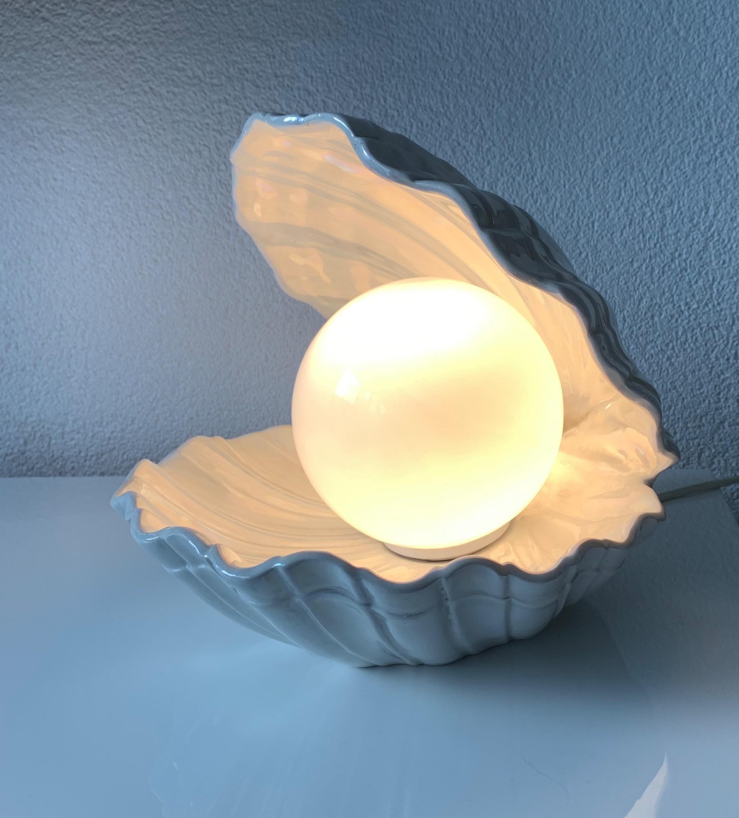 20th Century Rare 1970s Glazed Ceramic Shell or Clam with Glass Pearl Table or Night Lamp