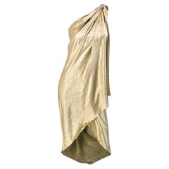 Rare 1970s Halston Couture Vintage 1976 Gold Lamé One Shoulder 70s Sarong Dress