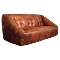 Rare 1970s Italian Brutalist Leather Loveseat – Sculptural Two-Seater