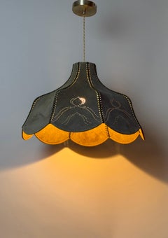 Rare 1970s Italian Hand-Sewn Celadon Green Suede Pendant Lamp Sculptural Flower