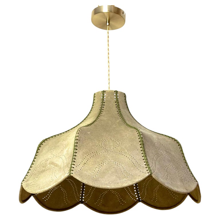 Rare 1970s Italian Hand-Sewn Celadon Green Suede Pendant Lamp Sculptural Flower